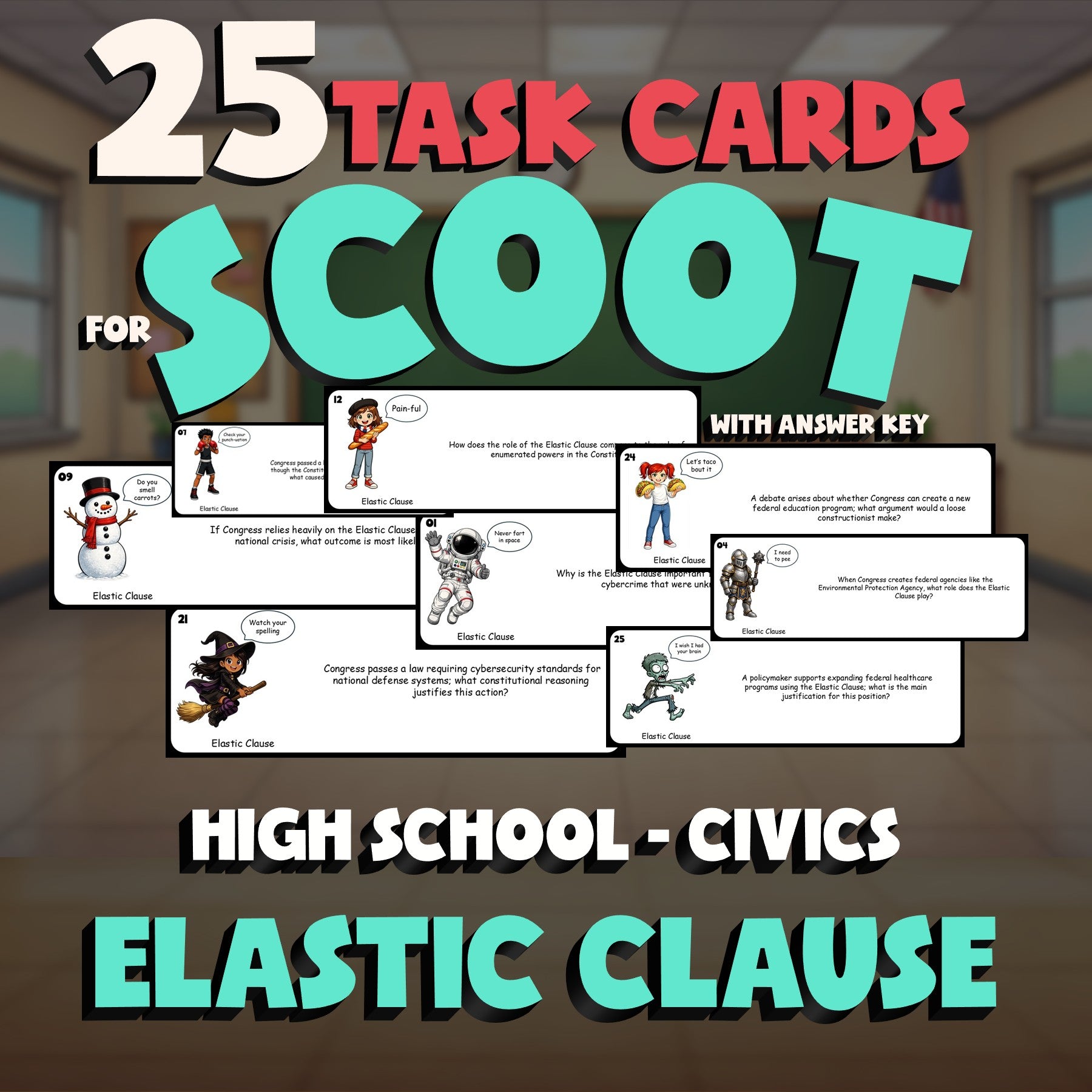 Elastic Clause SCOOT TASK CARDS Civics Game - No Prep Review Activity