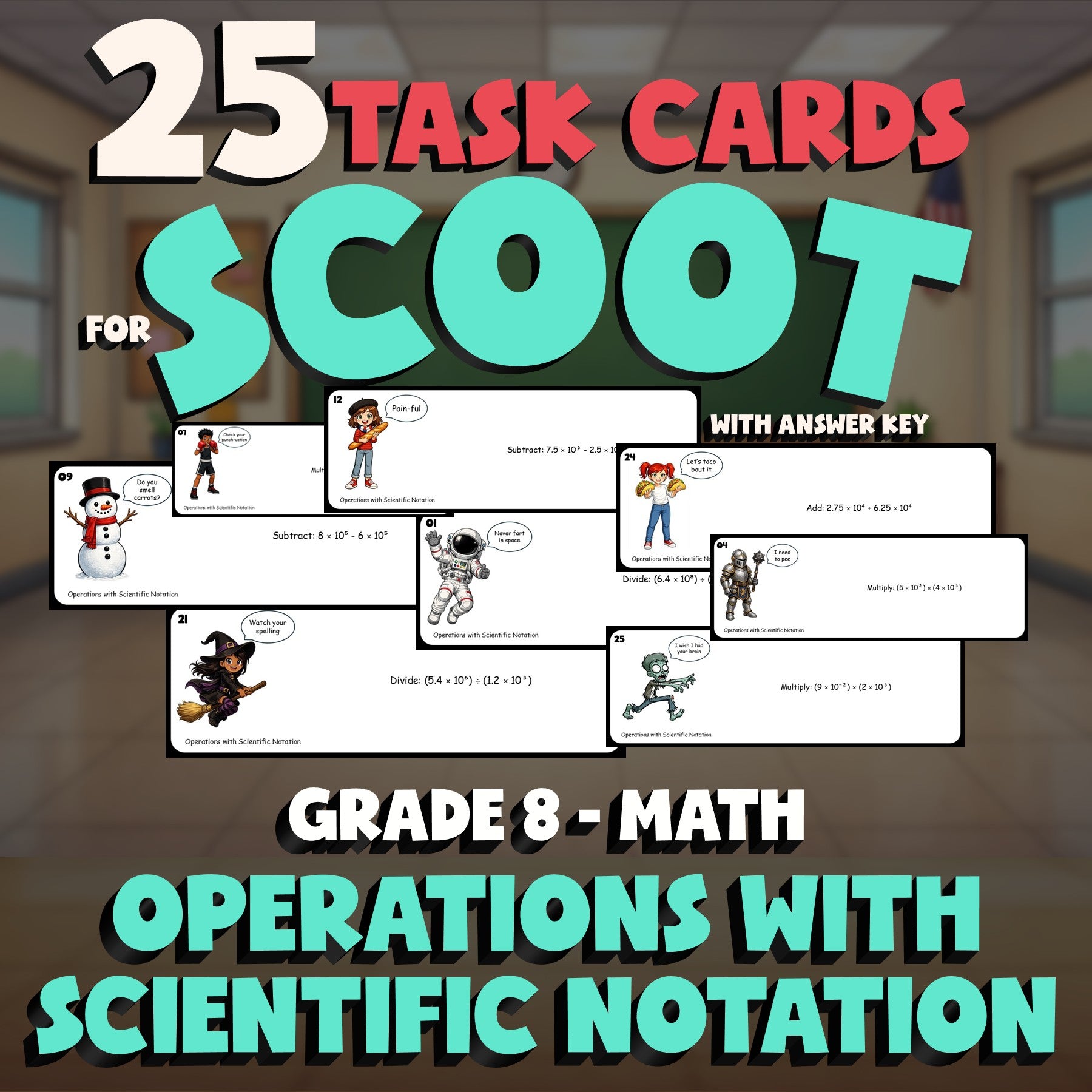 Operations with Scientific Notation SCOOT TASK CARDS Math Game - No Prep Grade 8