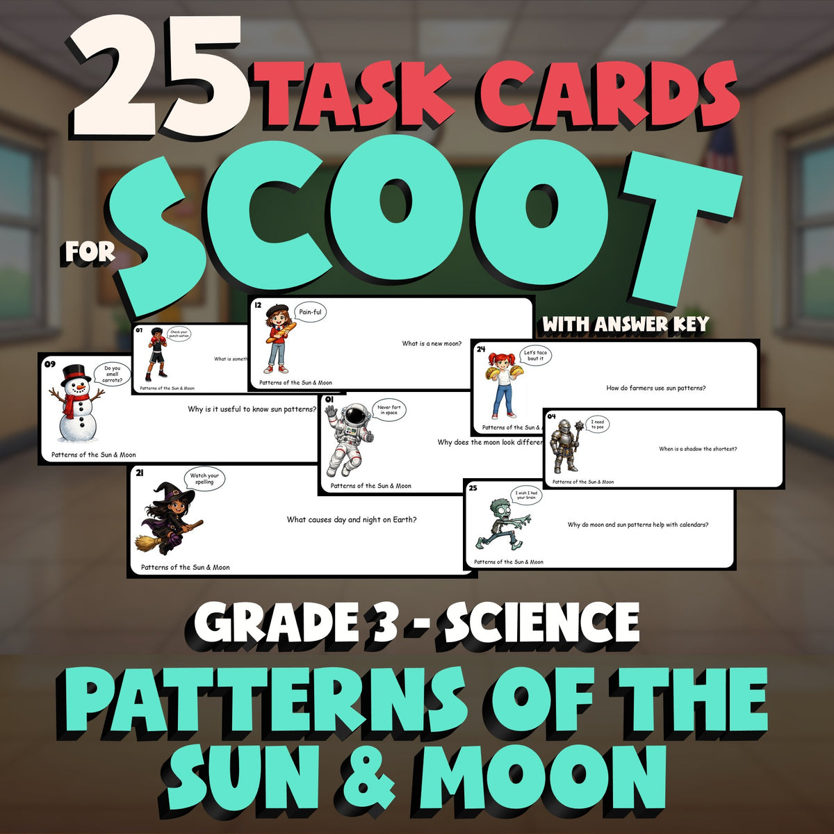 Patterns of the Sun & Moon SCOOT TASK CARDS Science Game - No Prep Grade 3