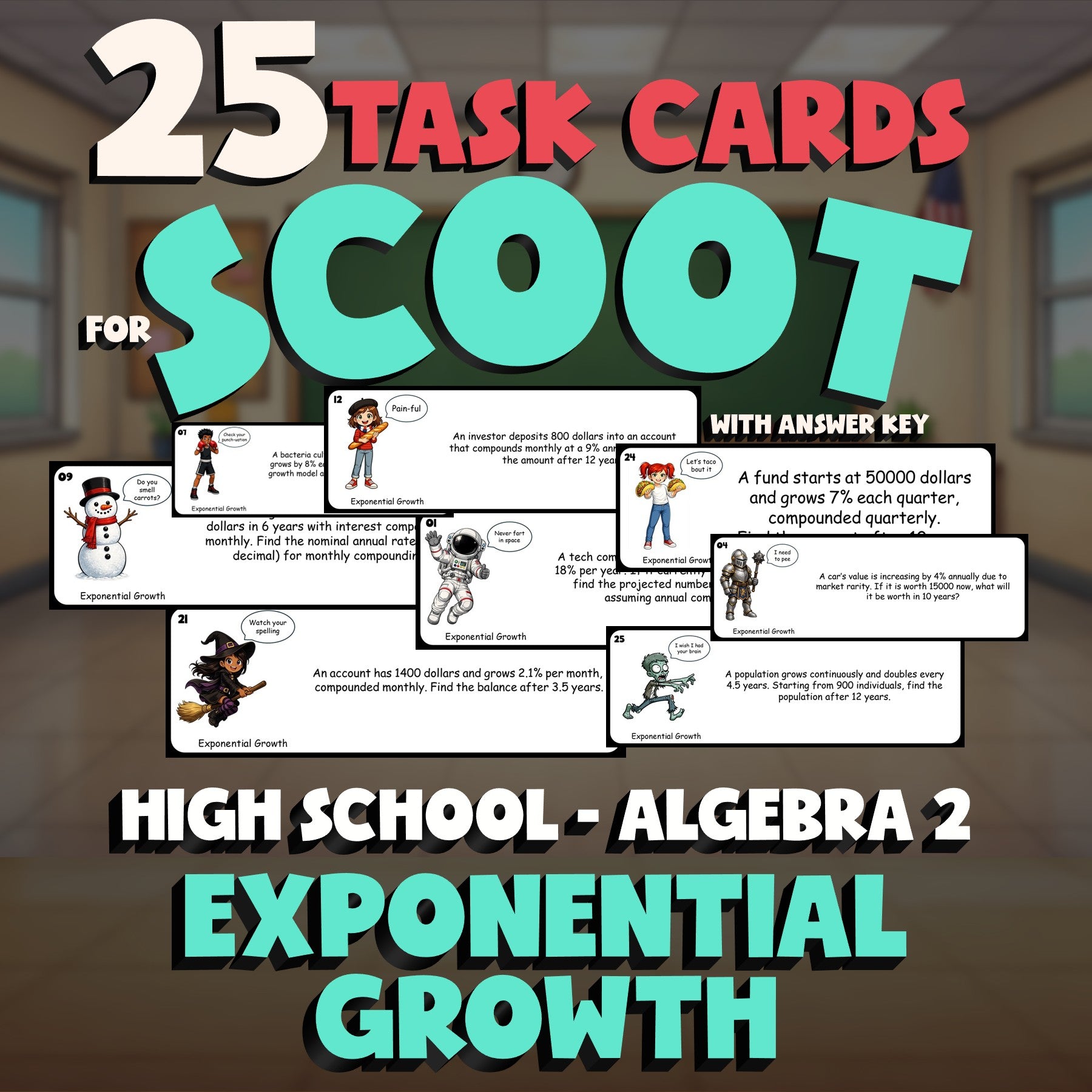Exponential Growth SCOOT TASK CARDS Math Game - No Prep Algebra 2 Review