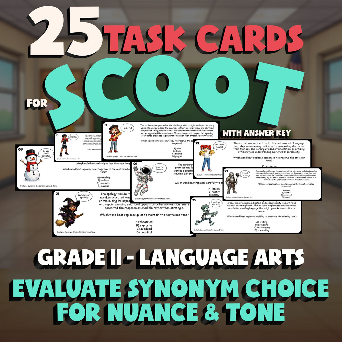 Evaluate Synonym Choice for Nuance & Tone SCOOT TASK CARDS ELA Game - Grade 11