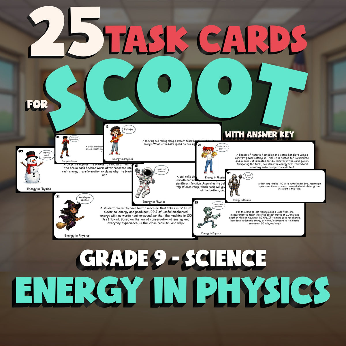 Energy in Physics SCOOT TASK CARDS Science Game - No Prep Grade 9 Review