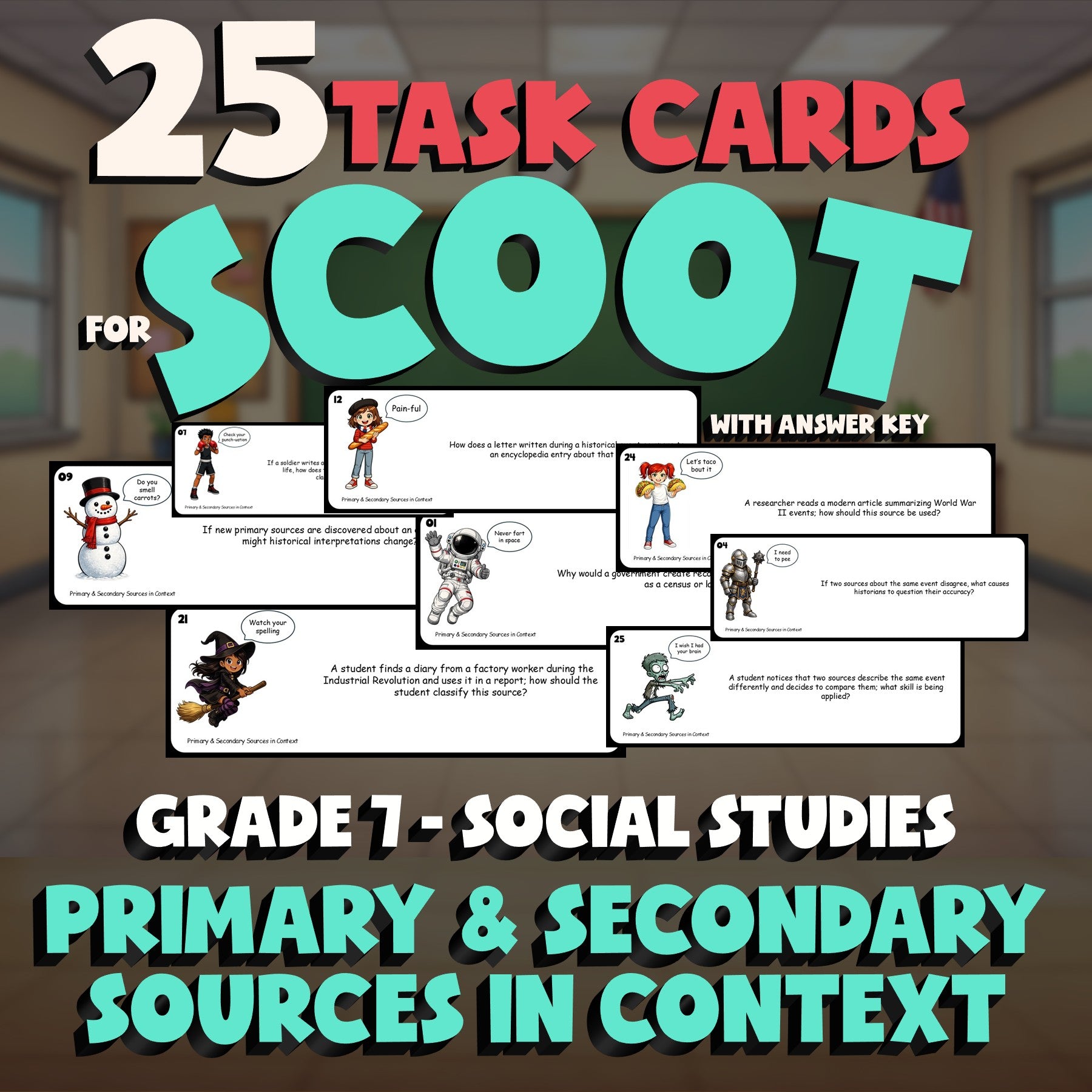 Primary & Secondary Sources in Context SCOOT TASK CARDS Socials Game - Grade 7