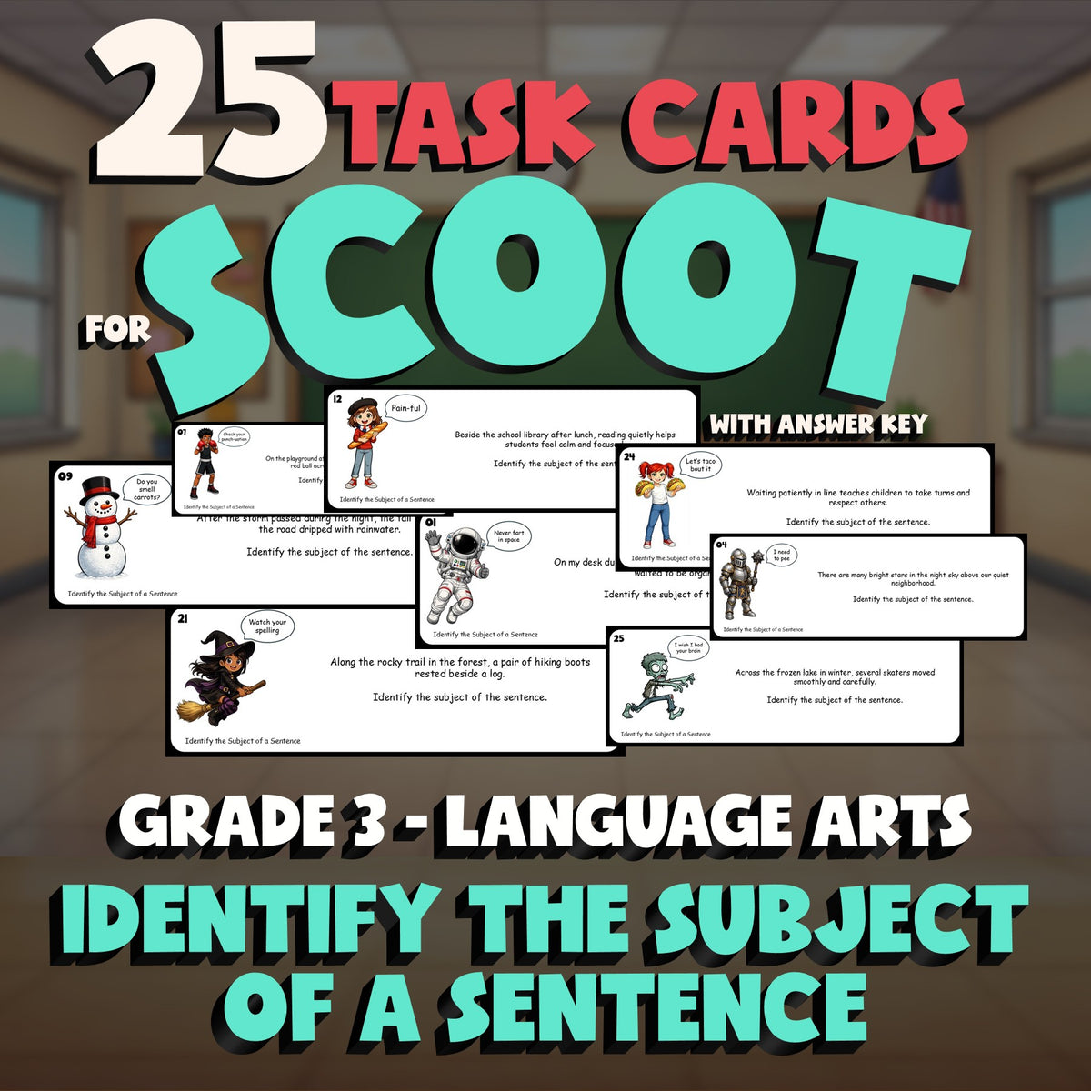 Identify the Subject of a Sentence SCOOT TASK CARDS ELA Game - No Prep Grade 3