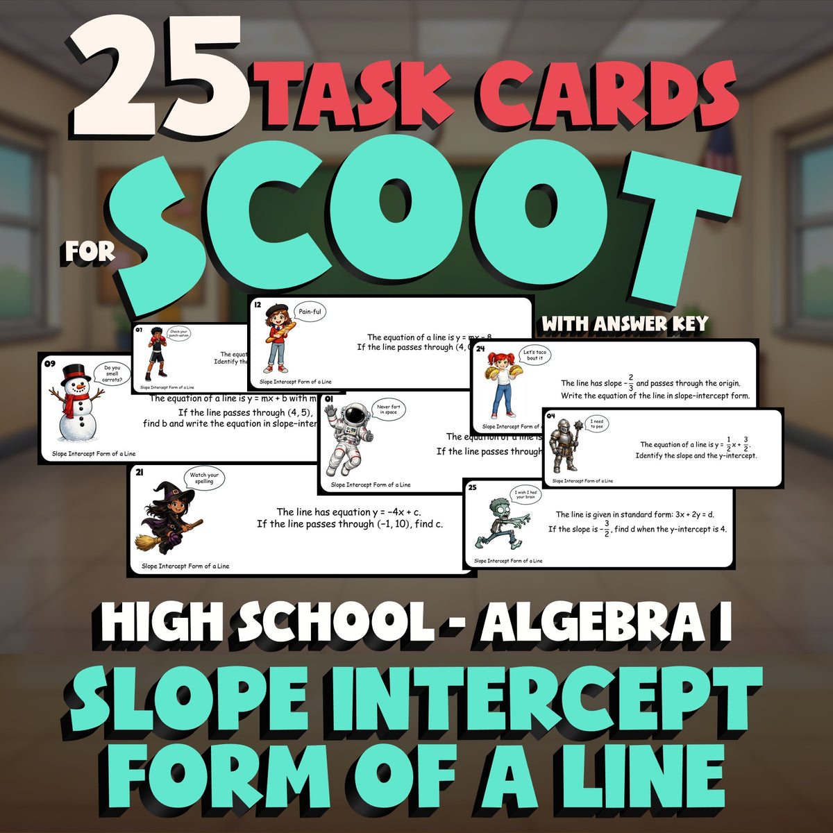 Slope Intercept Form of a Line SCOOT TASK CARDS Math Game - No Prep Algebra 1