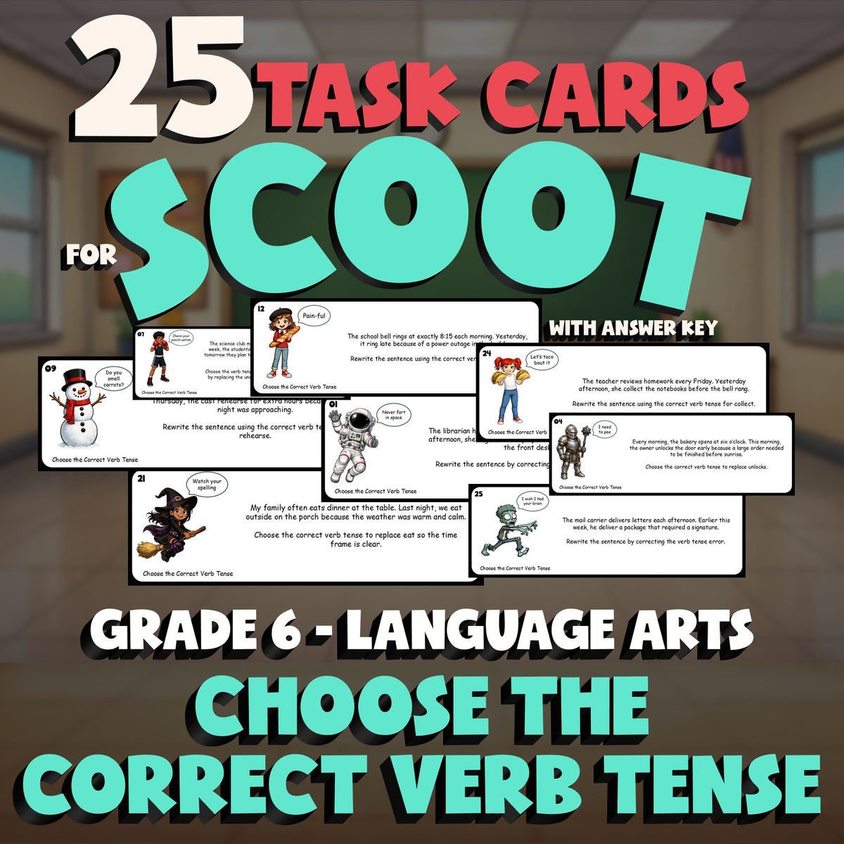 Choose the Correct Verb Tense SCOOT TASK CARDS ELA Game - No Prep Grade 6 Review