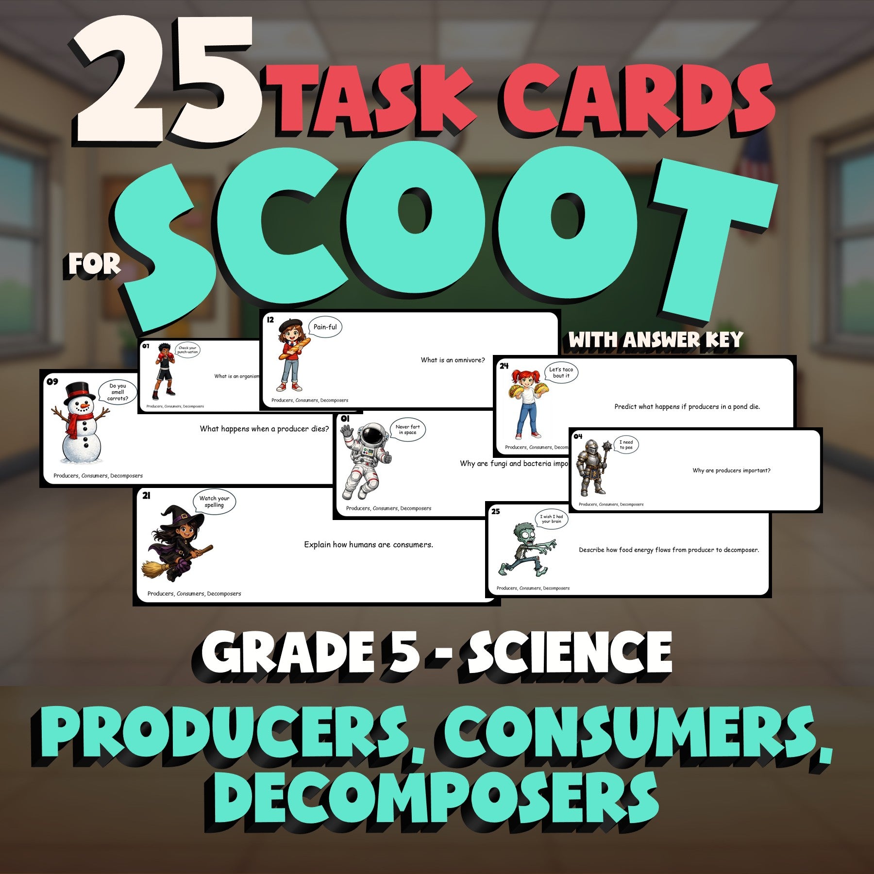 Producers, Consumers, Decomposers SCOOT TASK CARDS Science Game - Grade 5