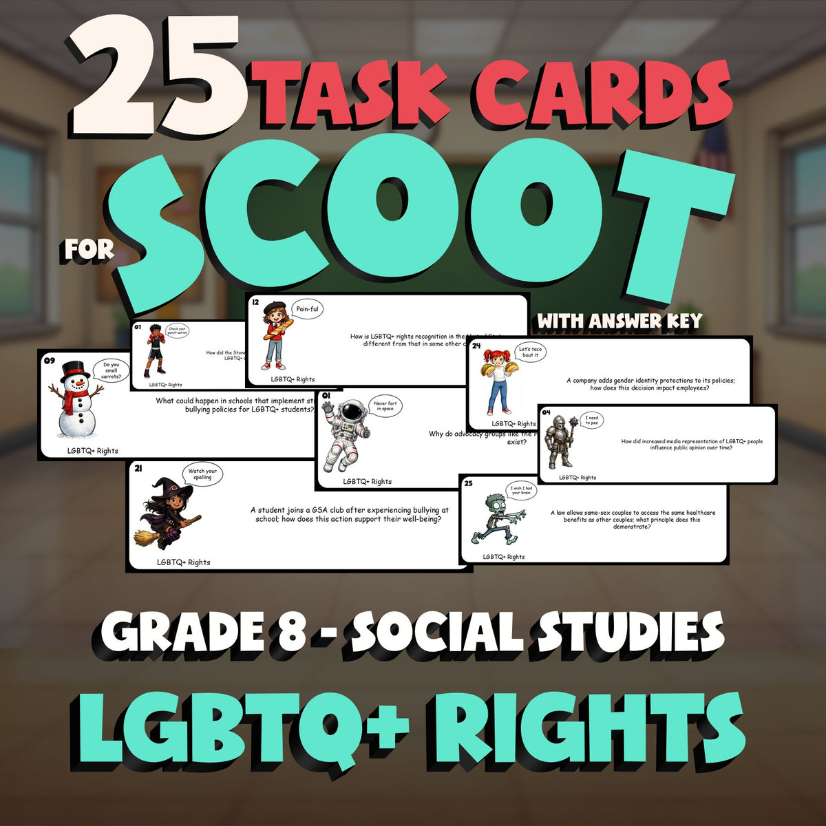 LGBTQ+ Rights SCOOT TASK CARDS Socials Game - No Prep Grade 8 Review Activity