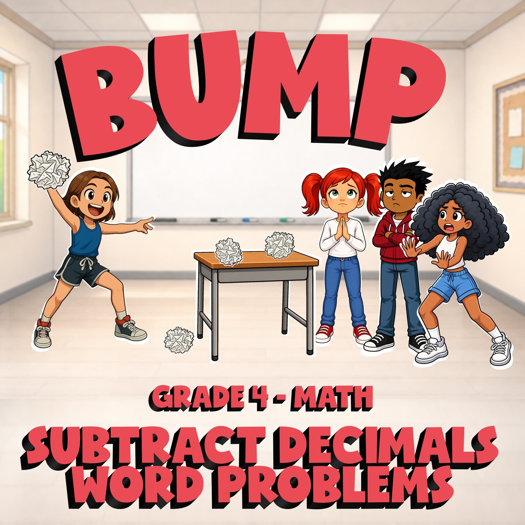 Subtract Decimals Word Problems BUMP Math Game - No Prep Grade 4 Review Activity