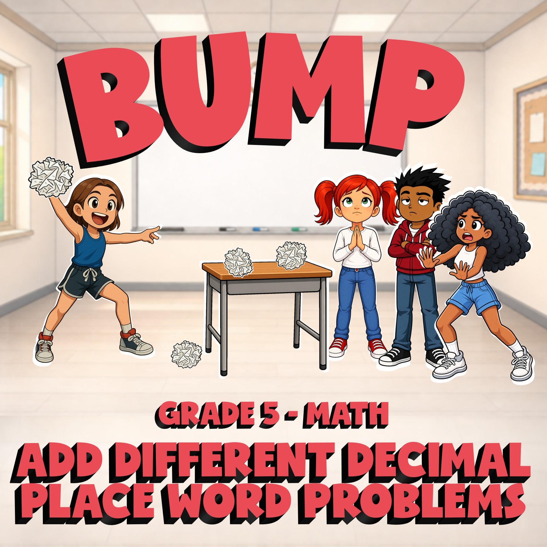 Add Different Decimal Place Word Problems BUMP Math Game - No Prep Grade 5