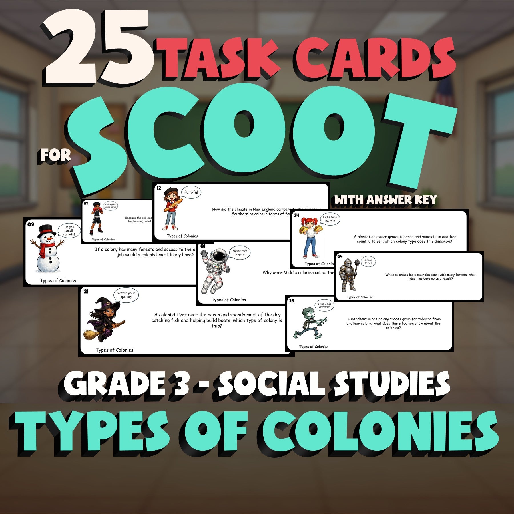 Types of Colonies SCOOT TASK CARDS Socials Game - No Prep Grade 3 Review