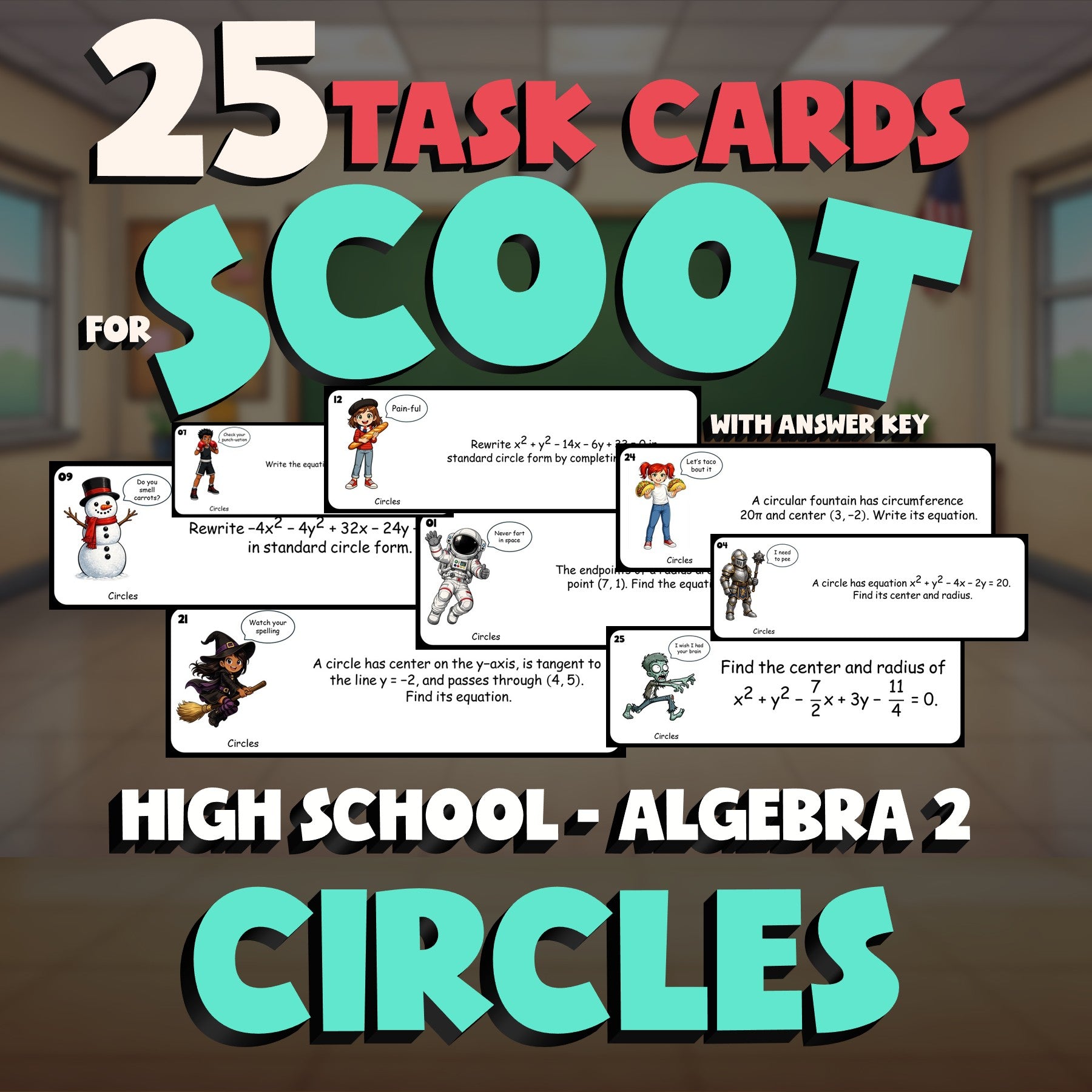 Circles SCOOT TASK CARDS Math Game - No Prep Algebra 2 Review Activity