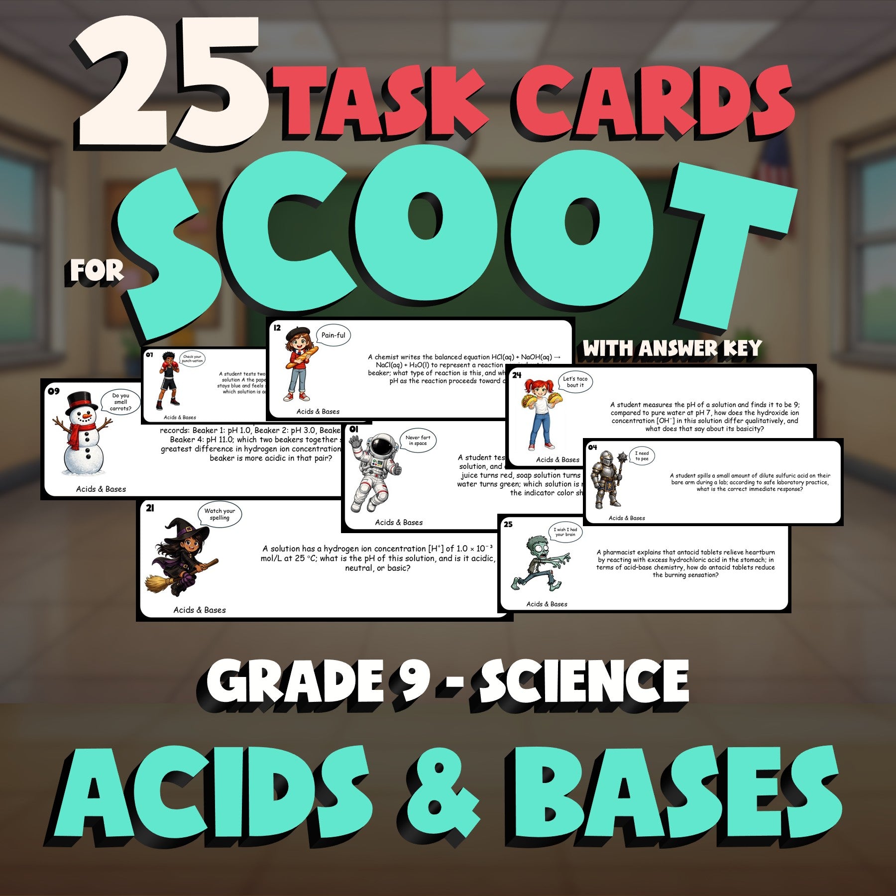 Acids & Bases SCOOT TASK CARDS Science Game - No Prep Grade 9 Review Activity