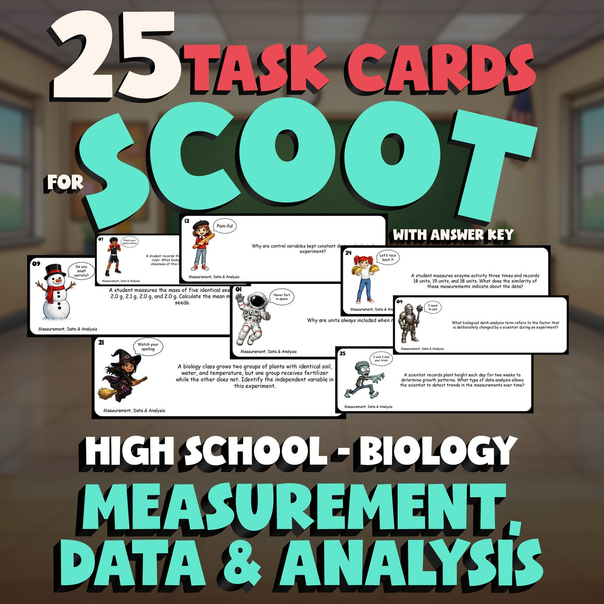 Measurement, Data & Analysis SCOOT TASK CARDS Science Game - No Prep Biology