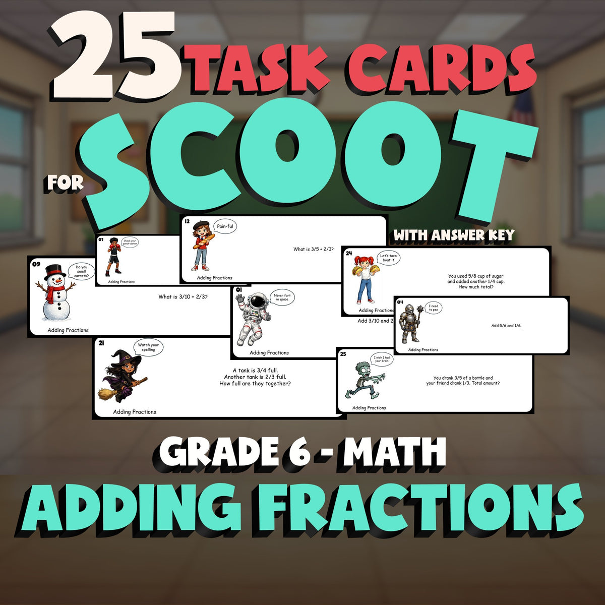 Adding Fractions SCOOT TASK CARDS Math Game - No Prep Grade 6 Review Activity