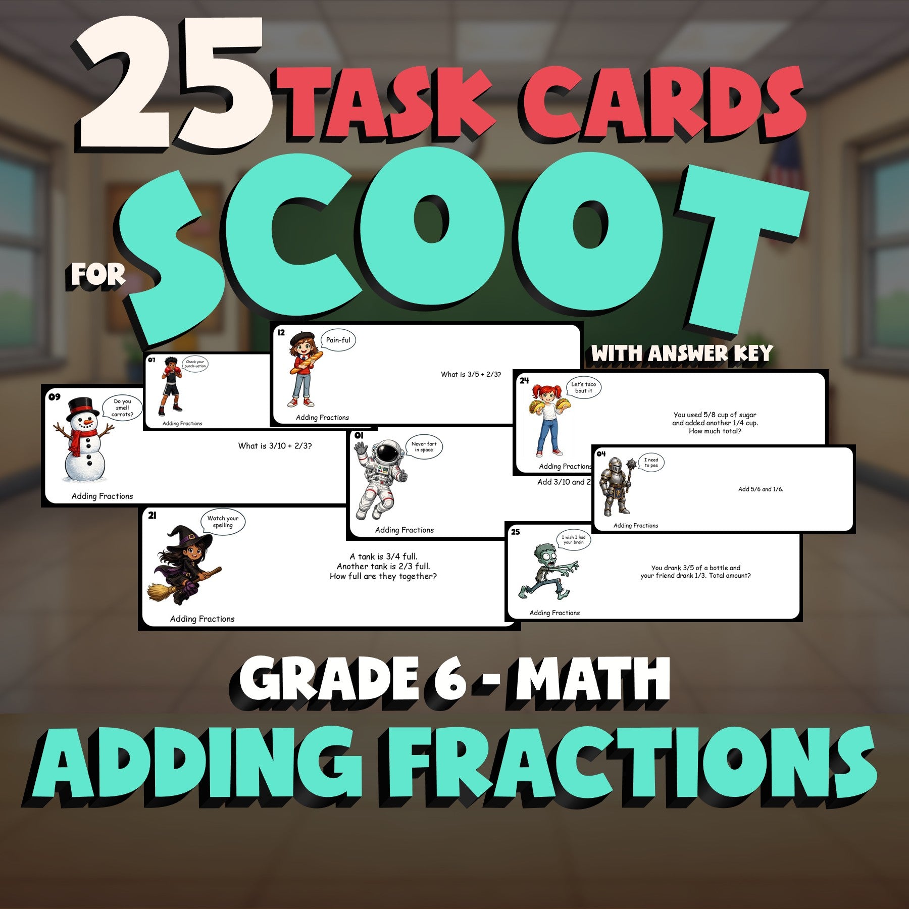 Adding Fractions SCOOT TASK CARDS Math Game - No Prep Grade 6 Review Activity