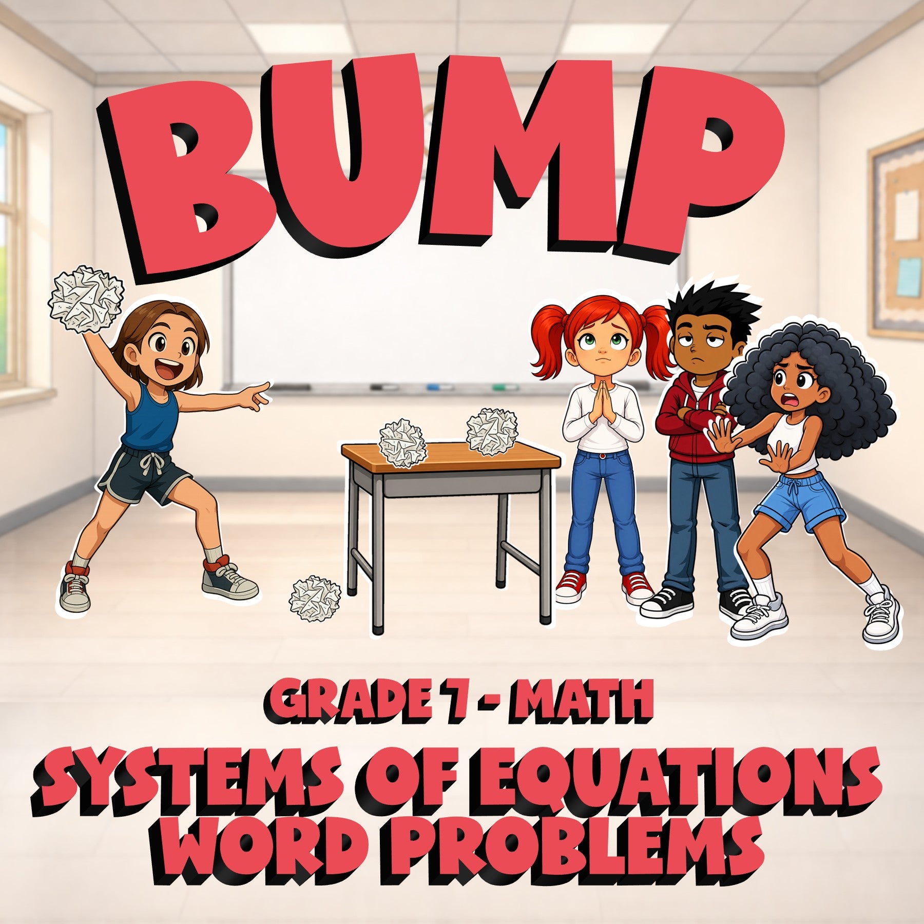 Systems of Equations Word Problems BUMP Math Game - No Prep Grade 7 Review