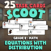 Equations with Distribution SCOOT TASK CARDS Math Game - No Prep Grade 8 Review