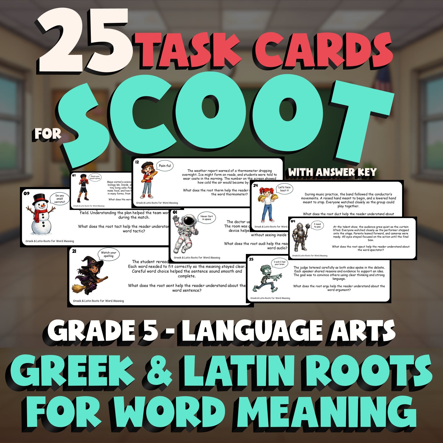 Greek & Latin Roots for Word Meaning SCOOT TASK CARDS ELA Game - No Prep Grade 5