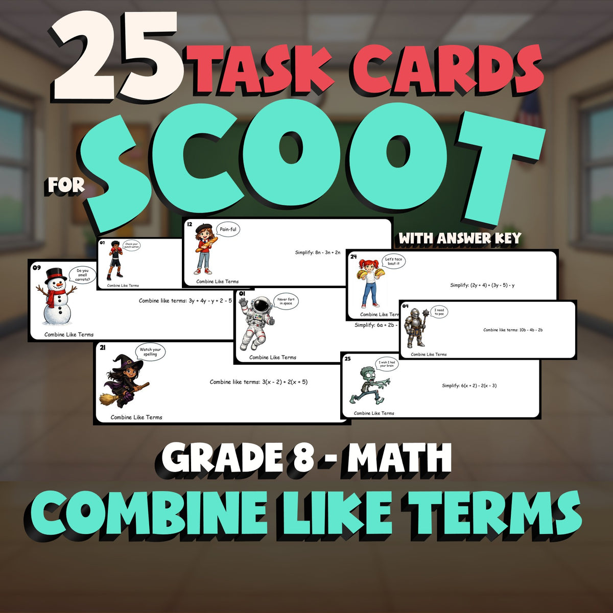 Combine Like Terms SCOOT TASK CARDS Math Game - No Prep Grade 8 Review Activity