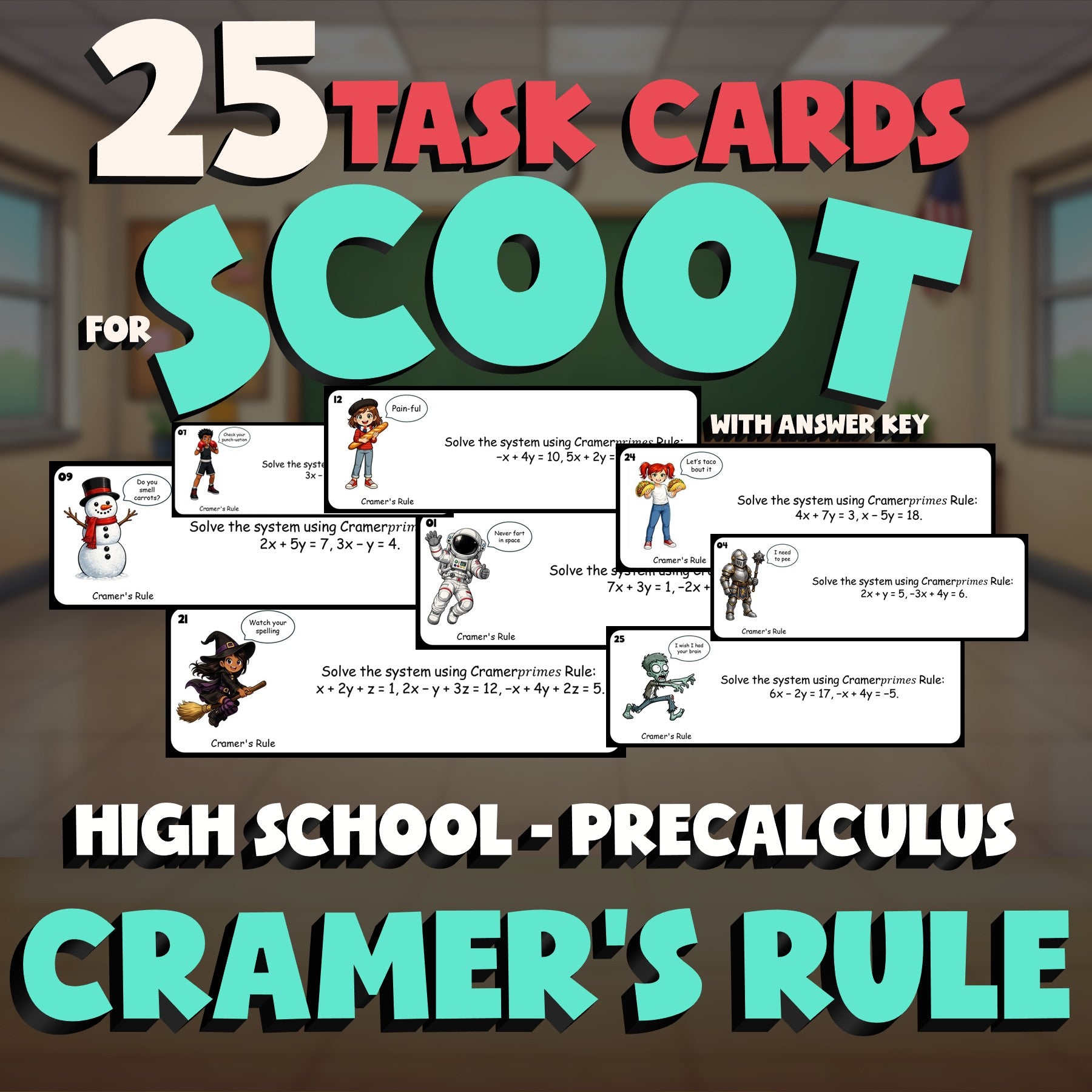 Cramer's Rule SCOOT TASK CARDS Math Game - No Prep PreCalculus Review Activity