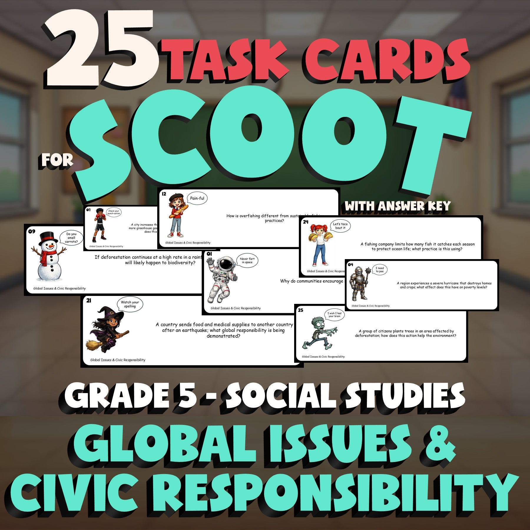 Global Issues & Civic Responsibility SCOOT TASK CARDS Socials Game - Grade 5