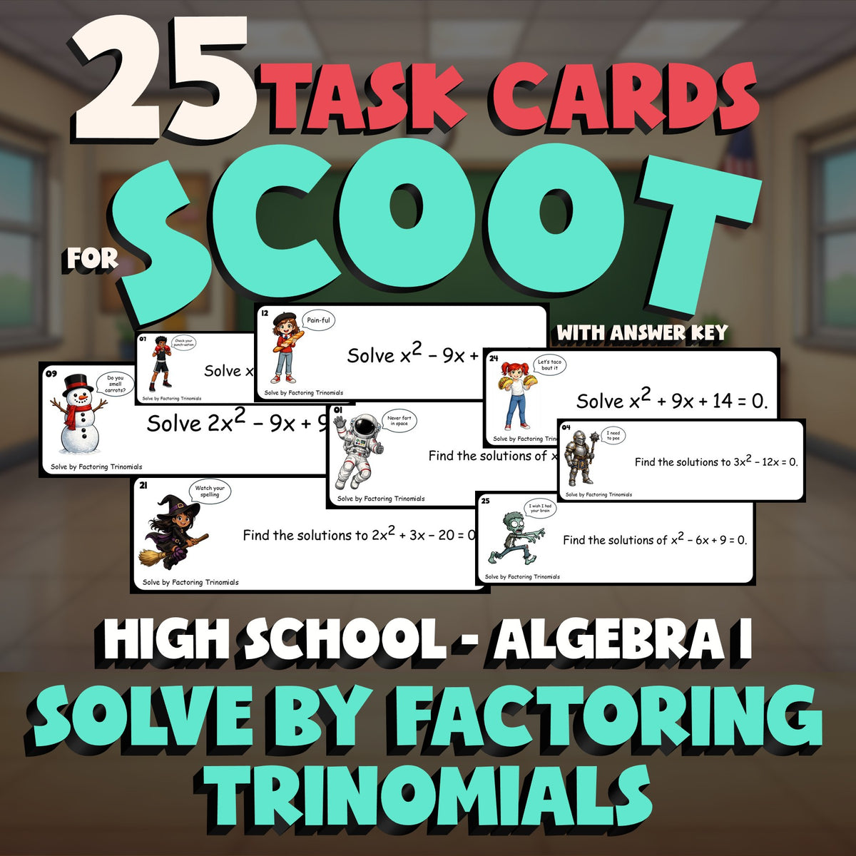 Solve by Factoring Trinomials SCOOT TASK CARDS Math Game - No Prep Algebra 1
