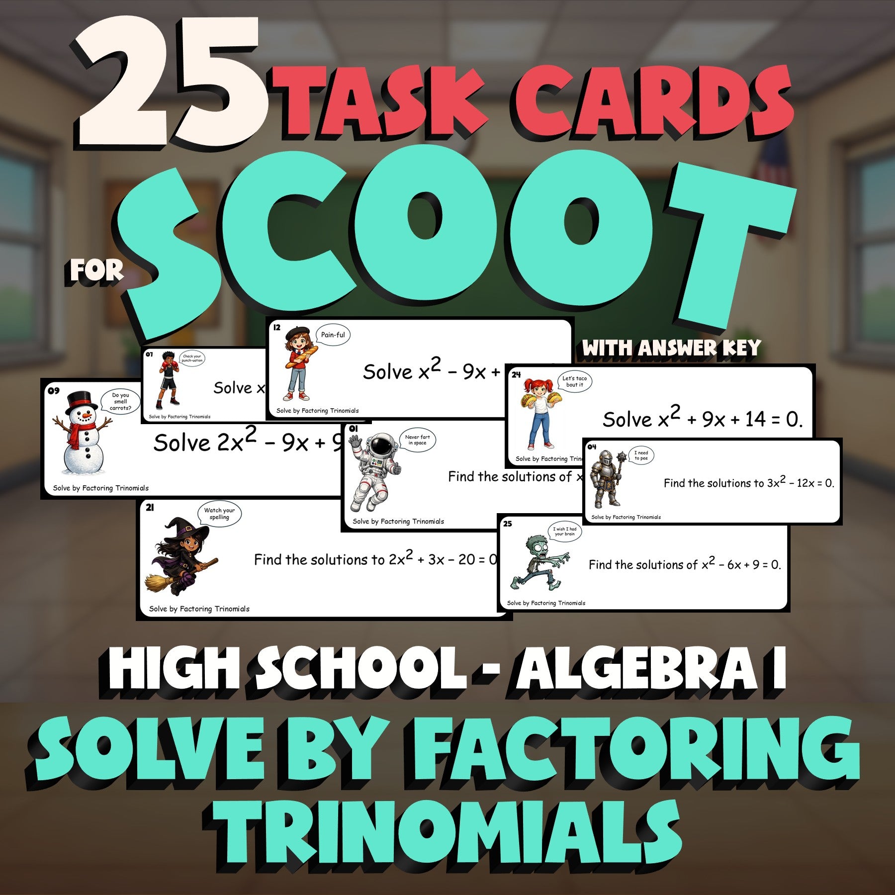 Solve by Factoring Trinomials SCOOT TASK CARDS Math Game - No Prep Algebra 1