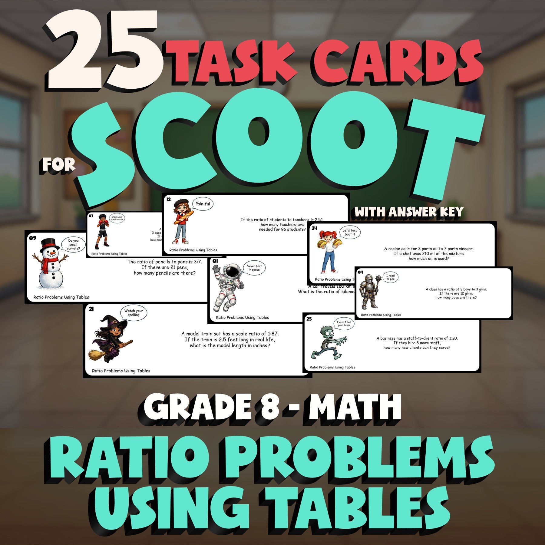Ratio Problems Using Tables SCOOT TASK CARDS Math Game - No Prep Grade 8 Review