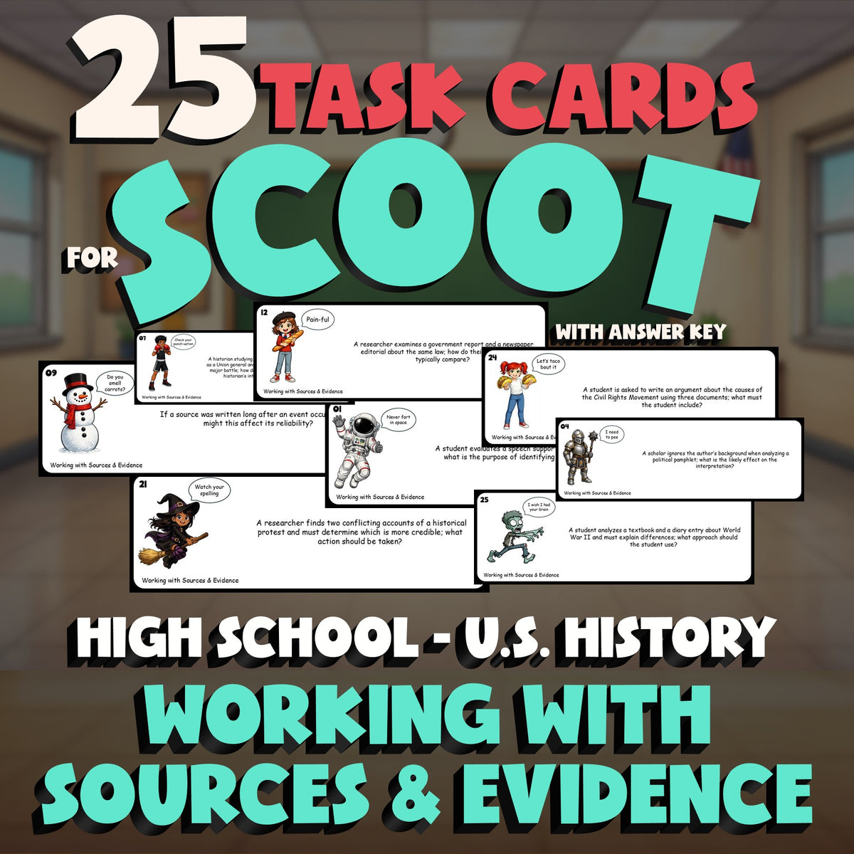 Working with Sources & Evidence SCOOT TASK CARDS U.S. History Game - No Prep