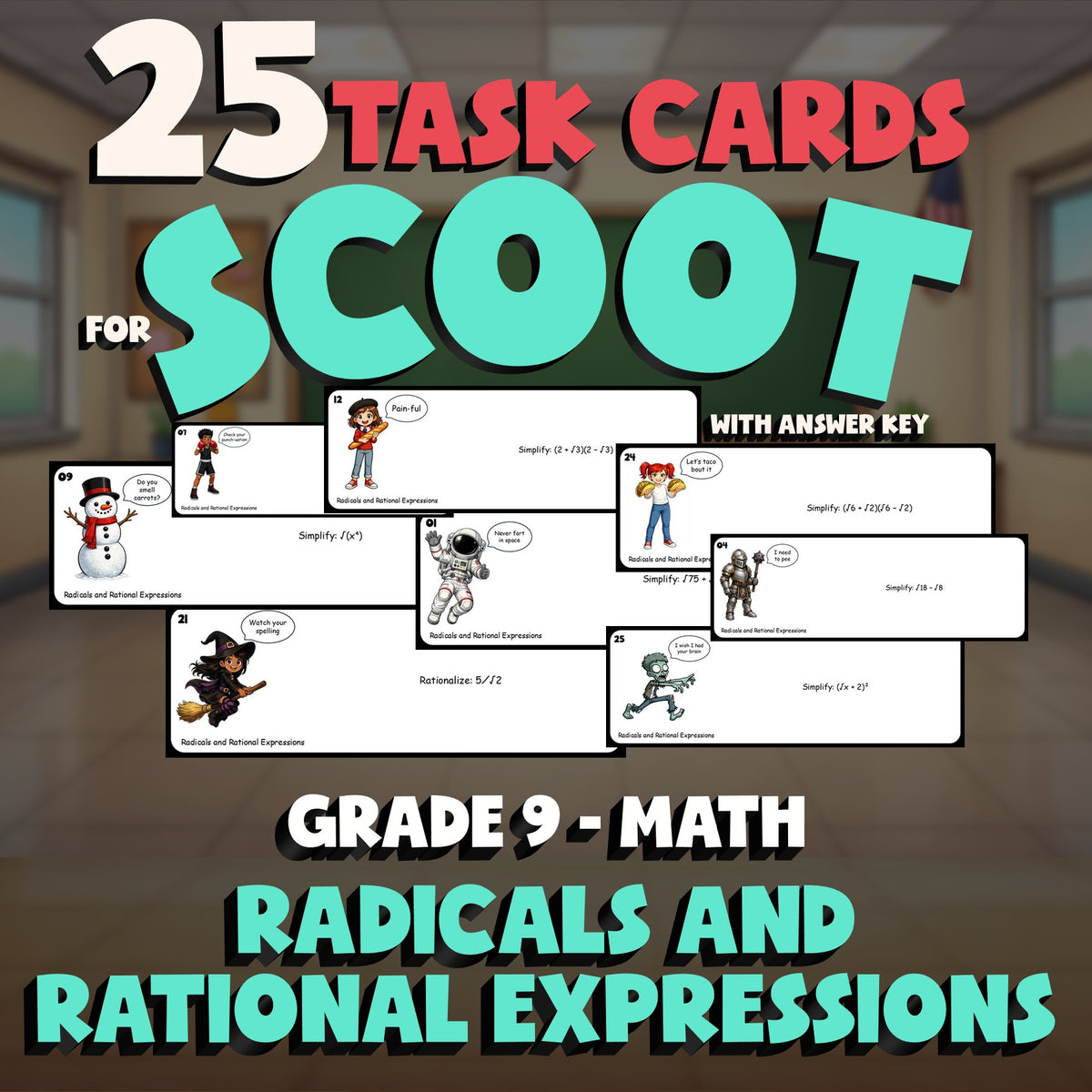 Radicals and Rational Expressions SCOOT TASK CARDS Math Game - No Prep Grade 9