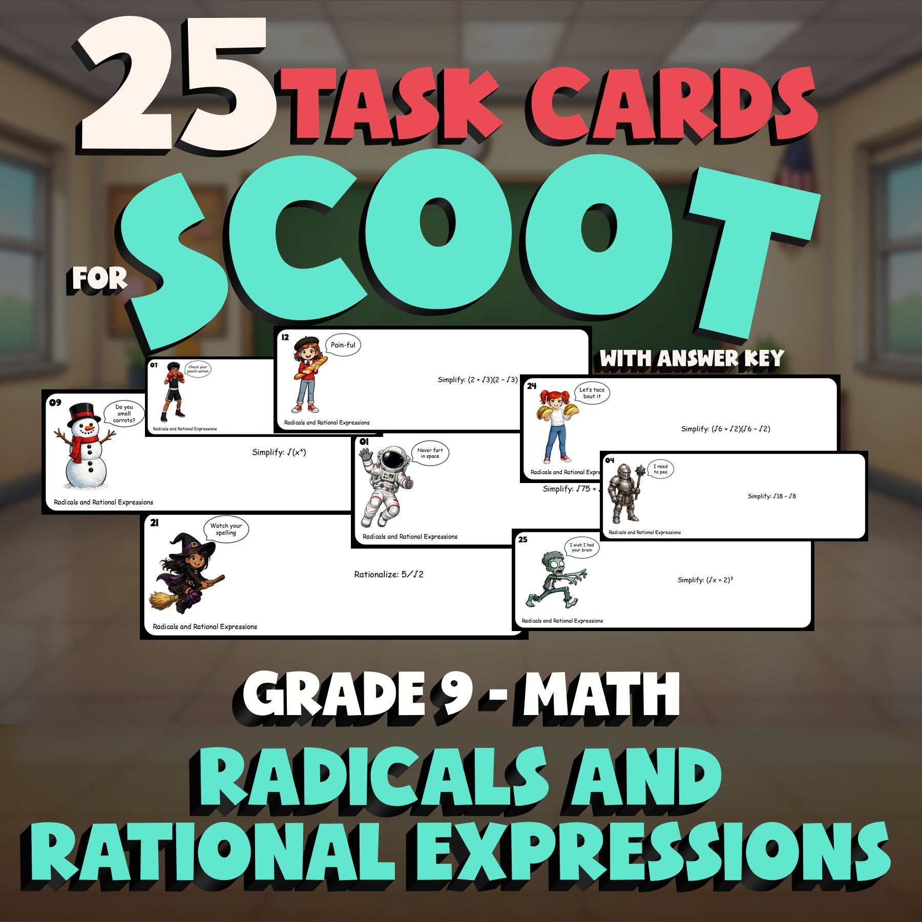 Radicals and Rational Expressions SCOOT TASK CARDS Math Game - No Prep Grade 9