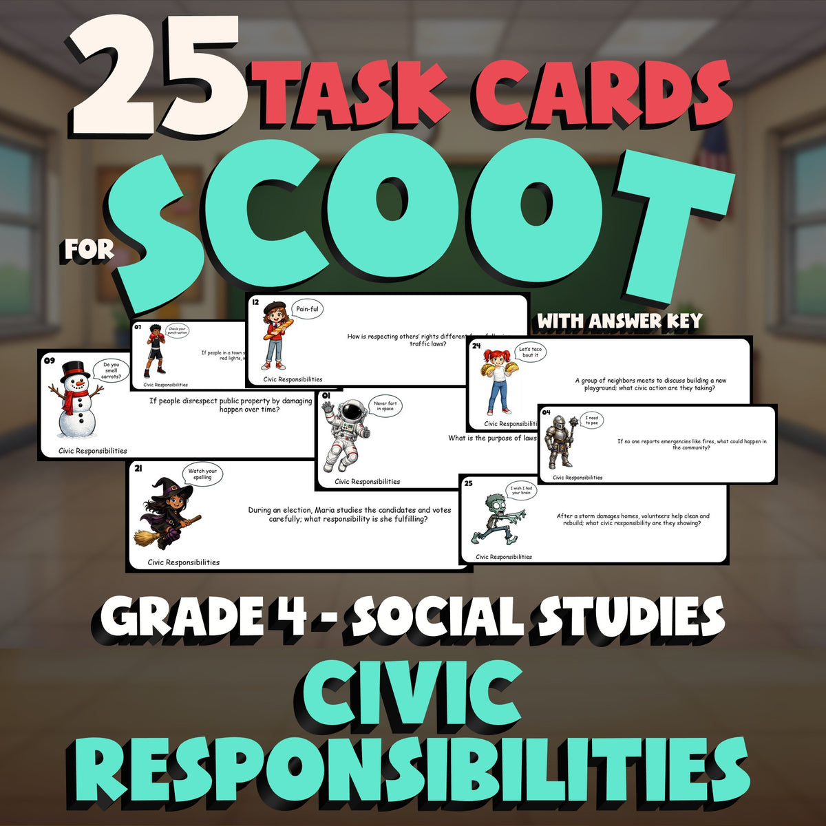 Civic Responsibilities SCOOT TASK CARDS Socials Game - No Prep Grade 4 Review
