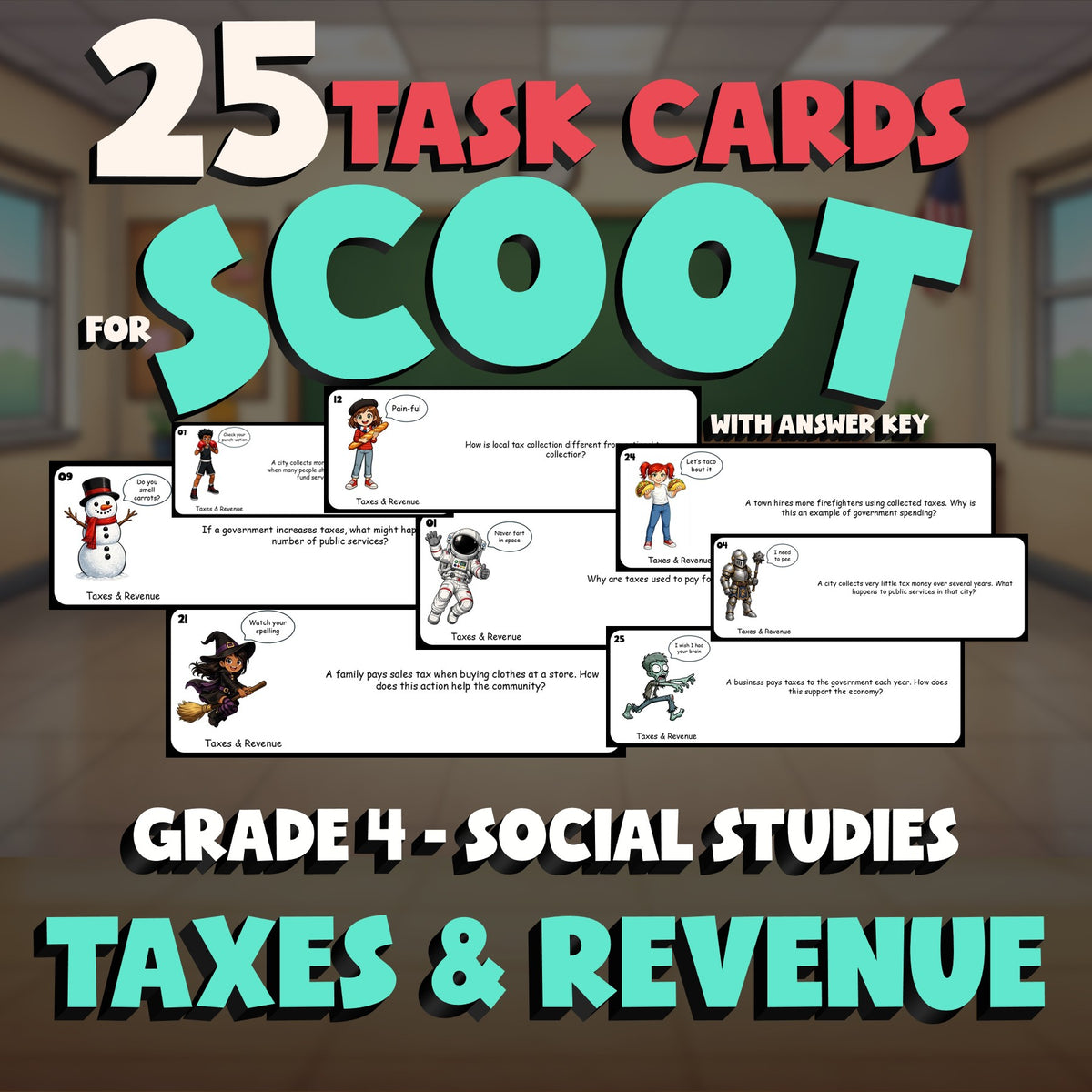 Taxes & Revenue SCOOT TASK CARDS Socials Game - No Prep Grade 4 Review Activity