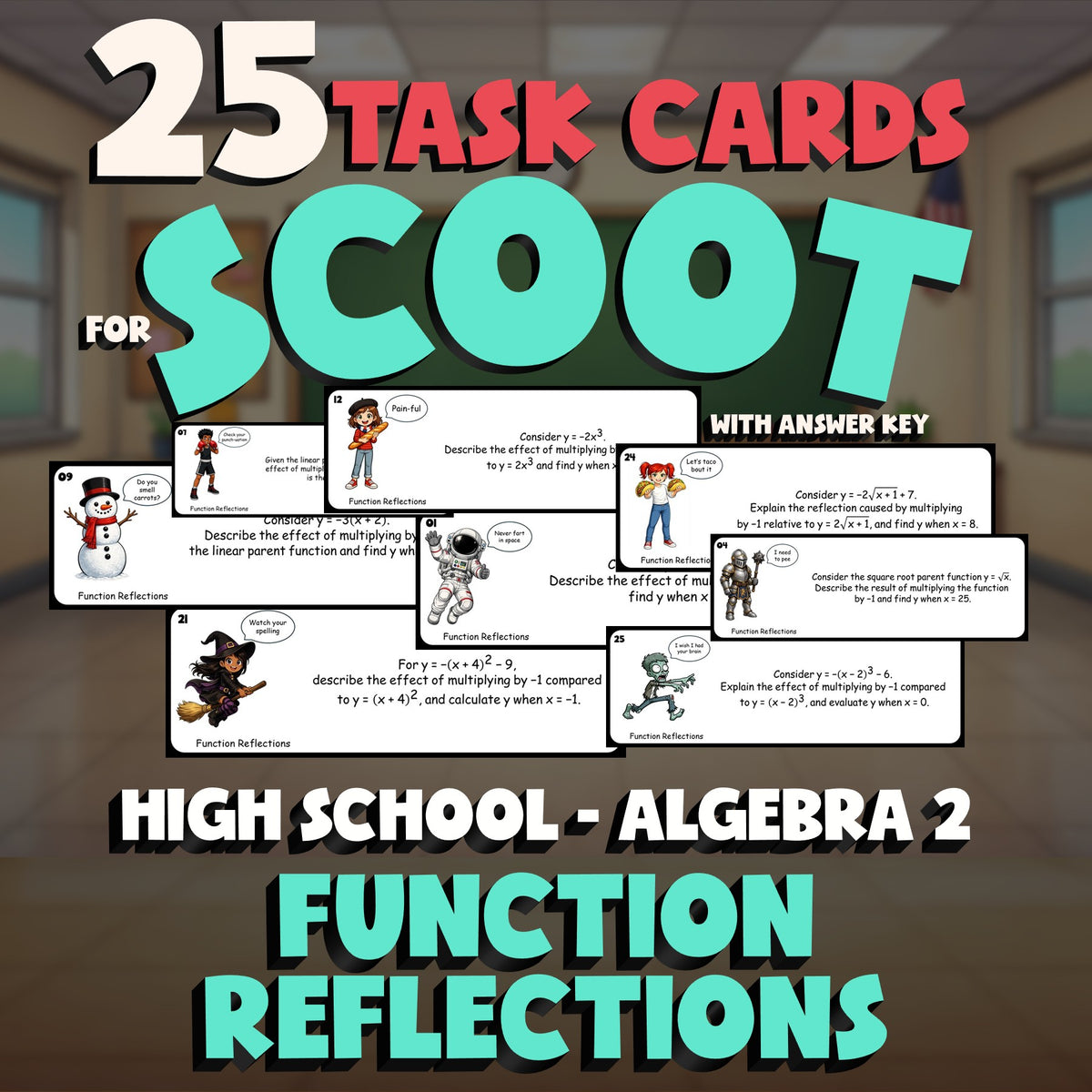 Function Reflections SCOOT TASK CARDS Math Game - No Prep Algebra 2 Review