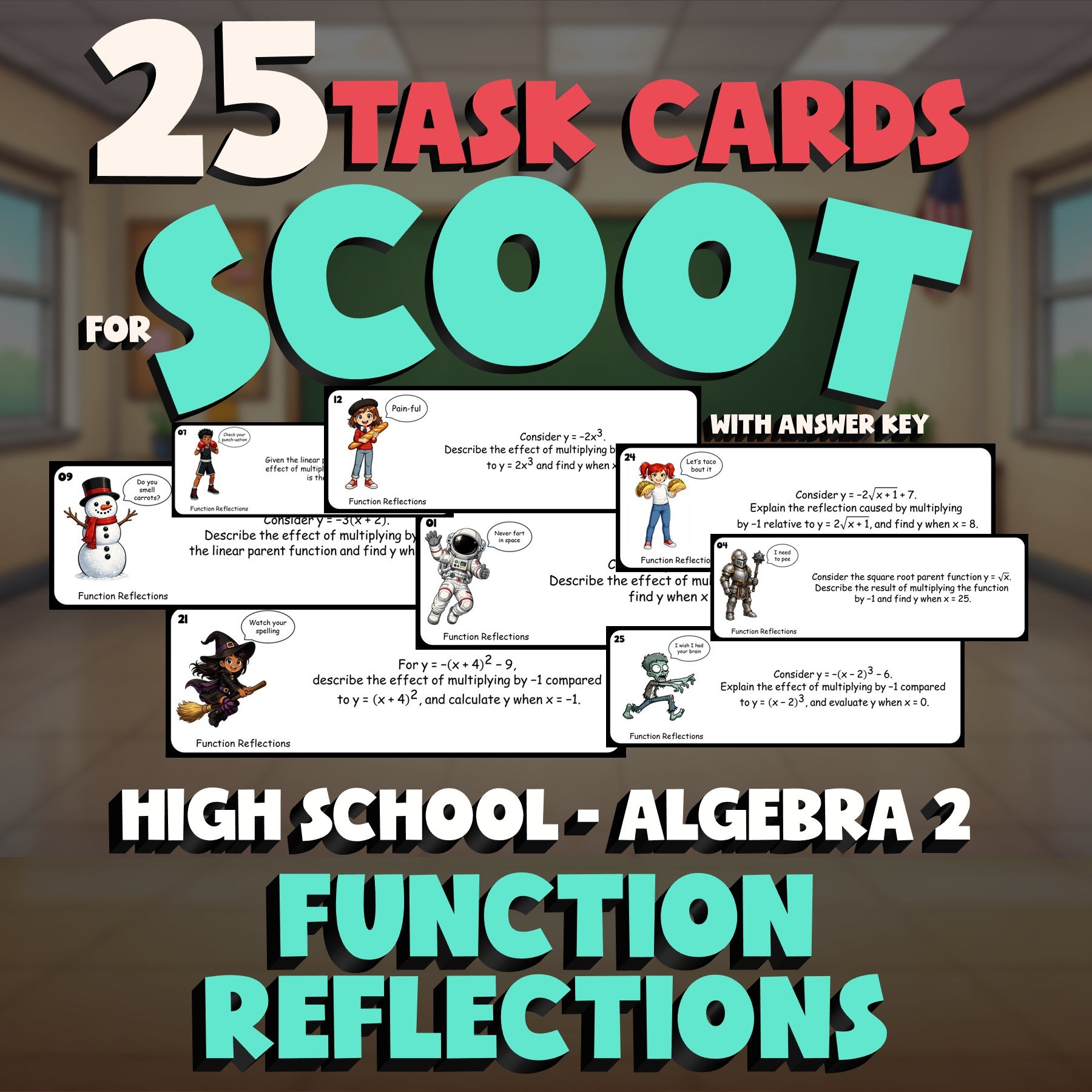 Function Reflections SCOOT TASK CARDS Math Game - No Prep Algebra 2 Review