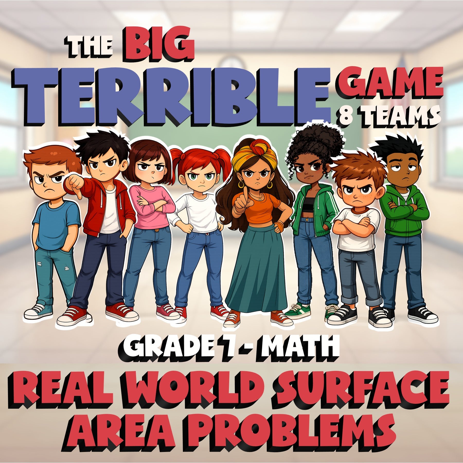Real World Surface Area Problems BIG TERRIBLE GAME - No Prep Grade 7 Math Review