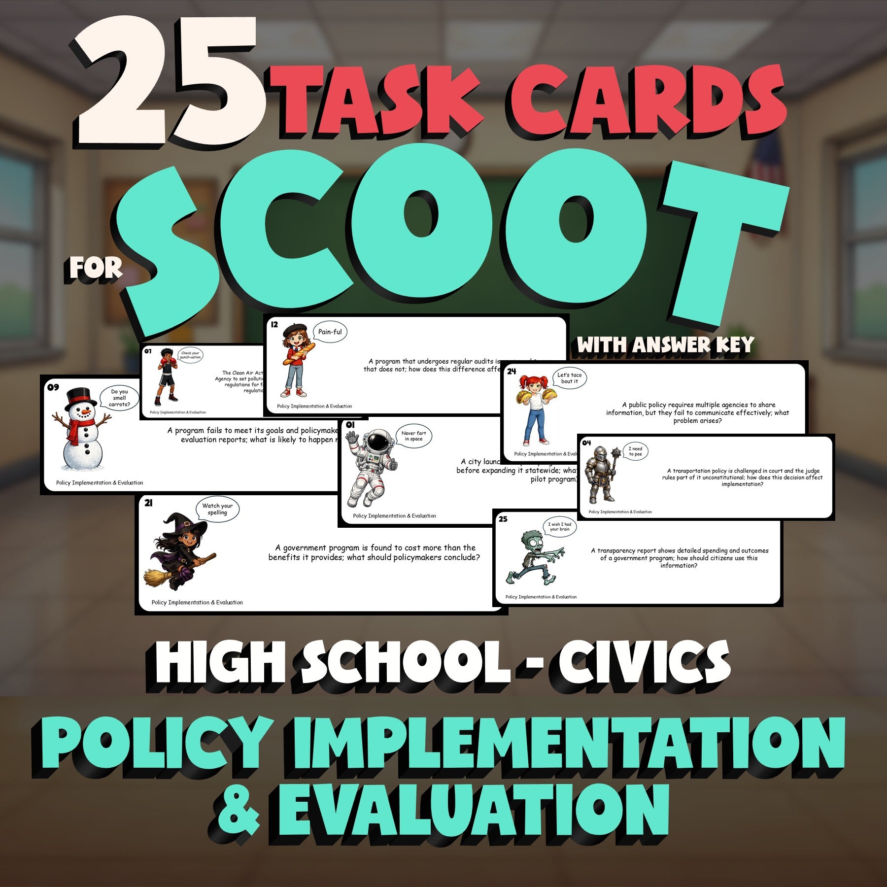 Policy Implementation & Evaluation SCOOT TASK CARDS Civics Game - No Prep Review