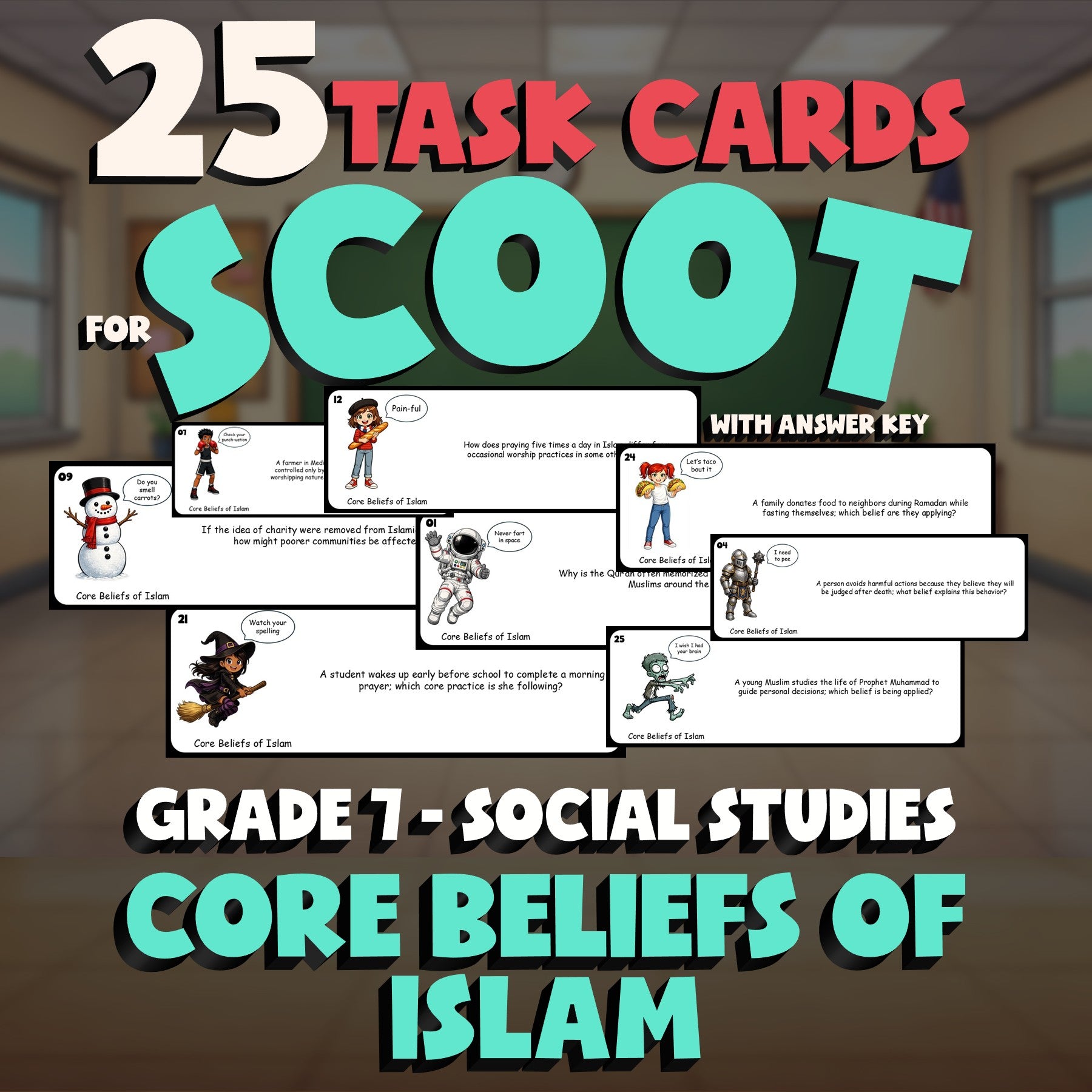 Core Beliefs of Islam SCOOT TASK CARDS Socials Game - No Prep Grade 7 Review
