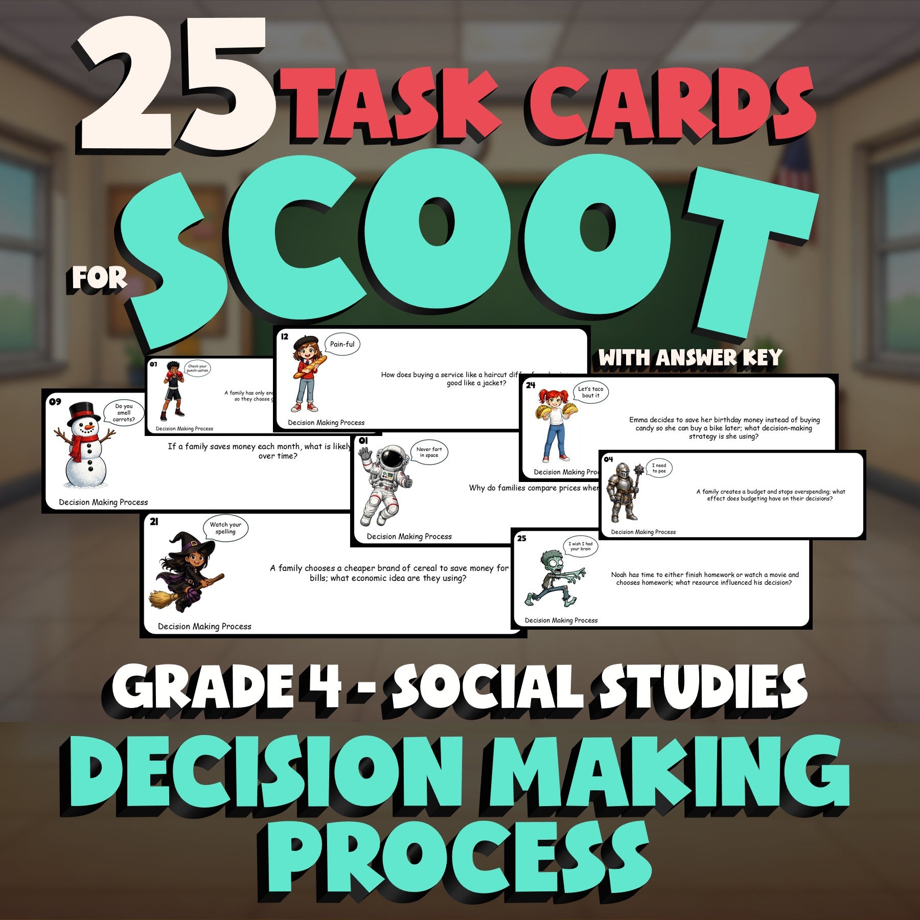 Decision Making Process SCOOT TASK CARDS Socials Game - No Prep Grade 4 Review