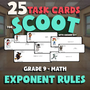 Exponent Rules SCOOT TASK CARDS Math Game - No Prep Grade 9 Review Activity