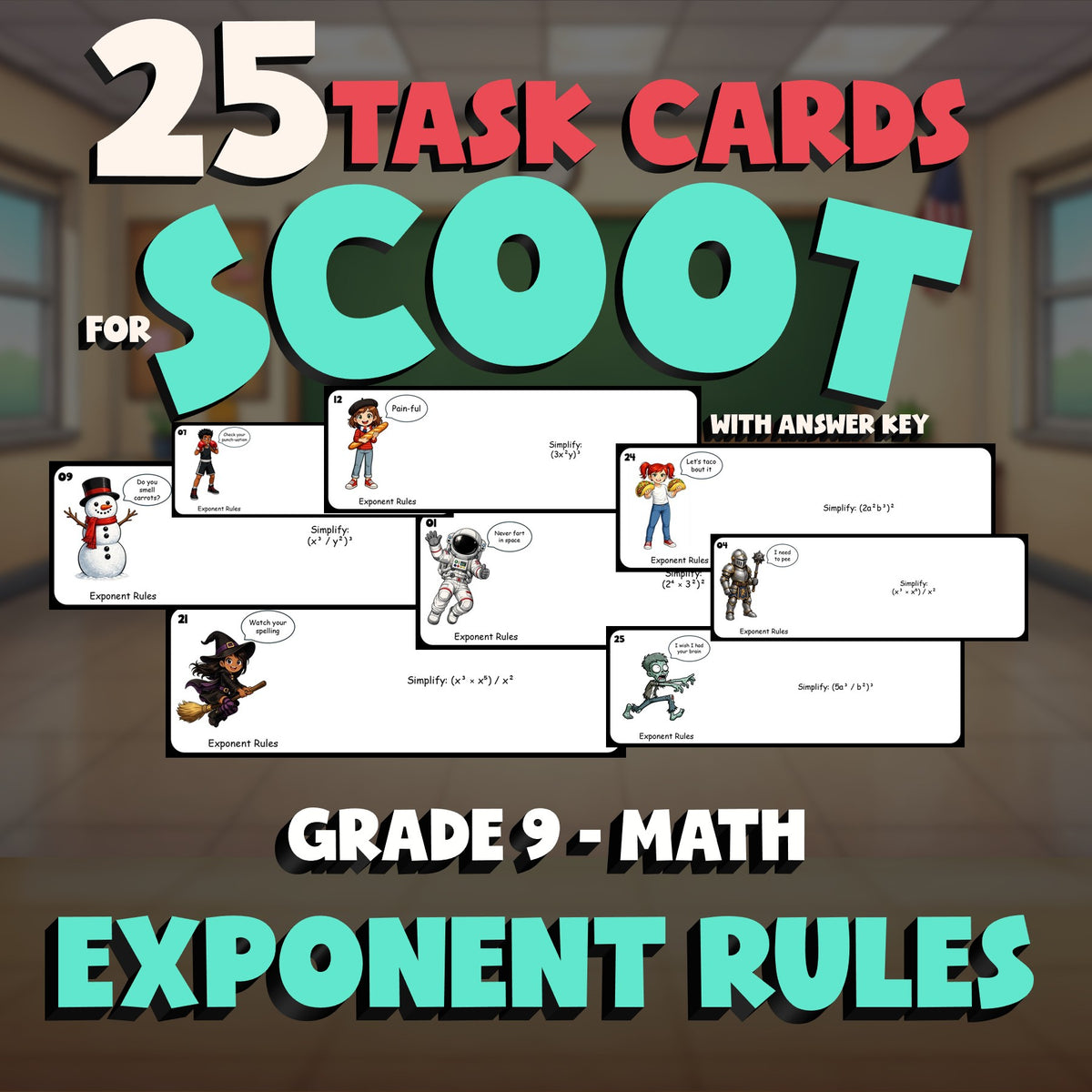 Exponent Rules SCOOT TASK CARDS Math Game - No Prep Grade 9 Review Activity