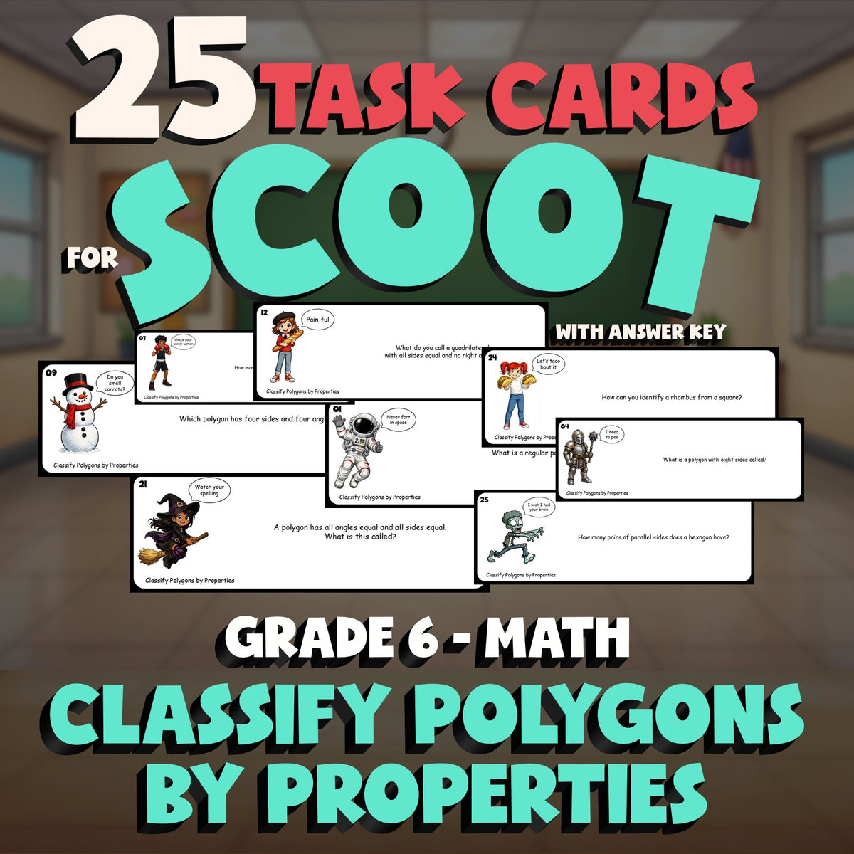 Classify Polygons by Properties SCOOT TASK CARDS Math Game - No Prep Grade 6