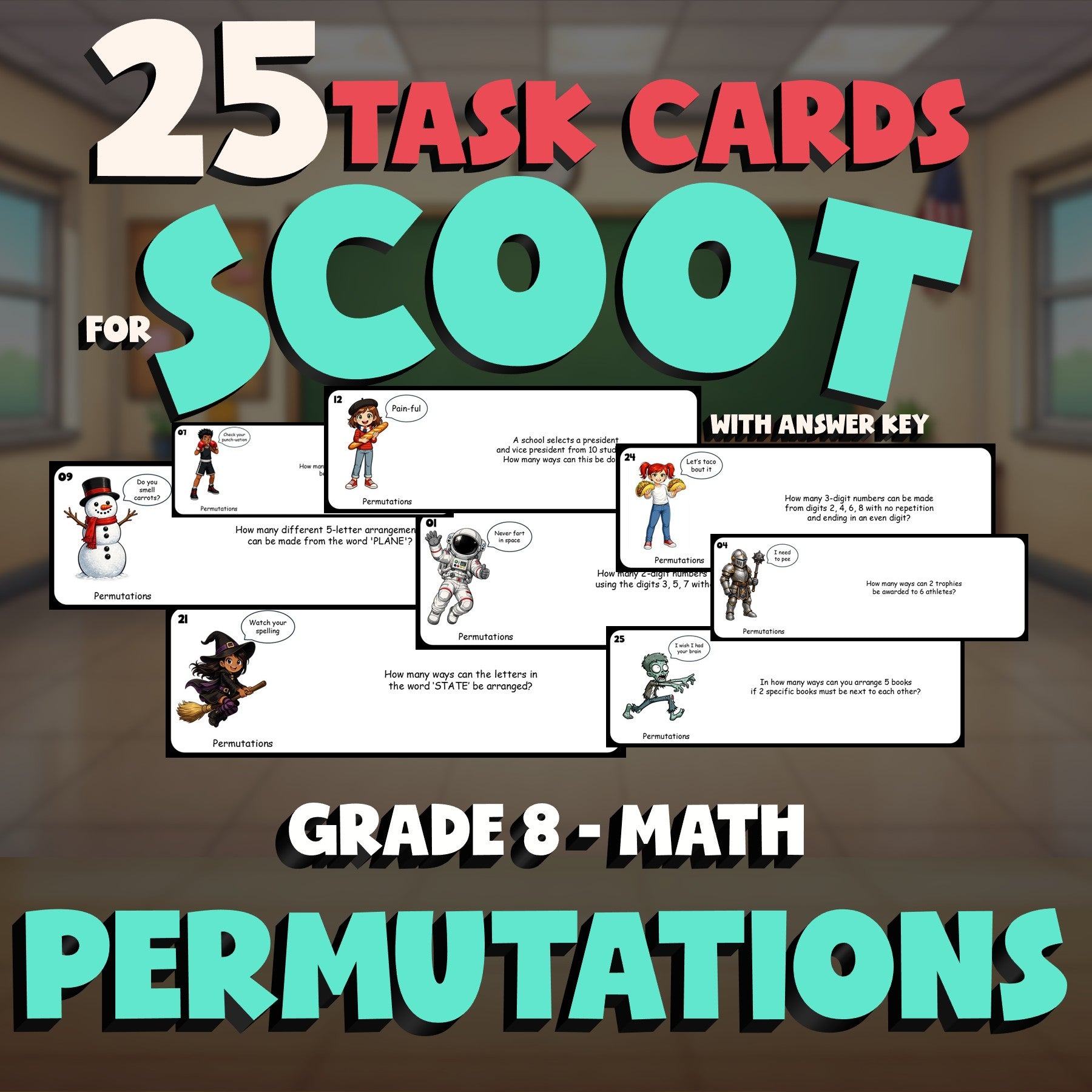 Permutations SCOOT TASK CARDS Math Game - No Prep Grade 8 Review Activity