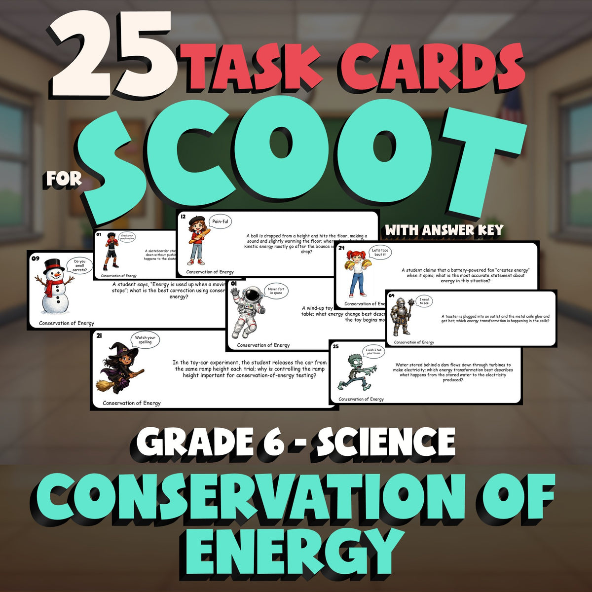 Conservation of Energy SCOOT TASK CARDS Science Game - No Prep Grade 6 Review