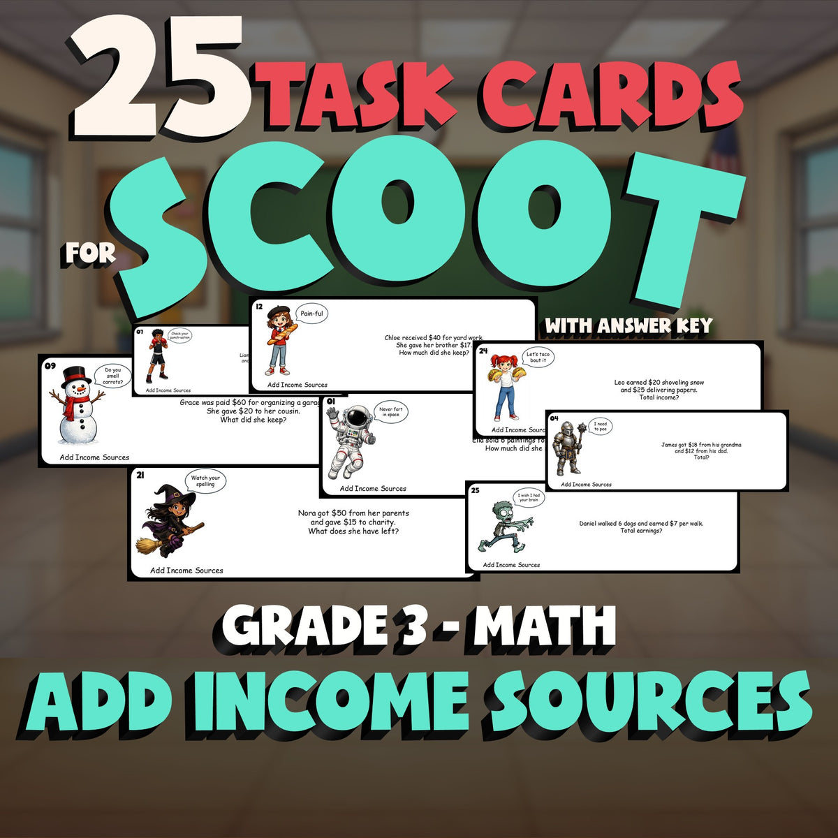 Add Income Sources SCOOT TASK CARDS Math Game - No Prep Grade 3 Review Activity