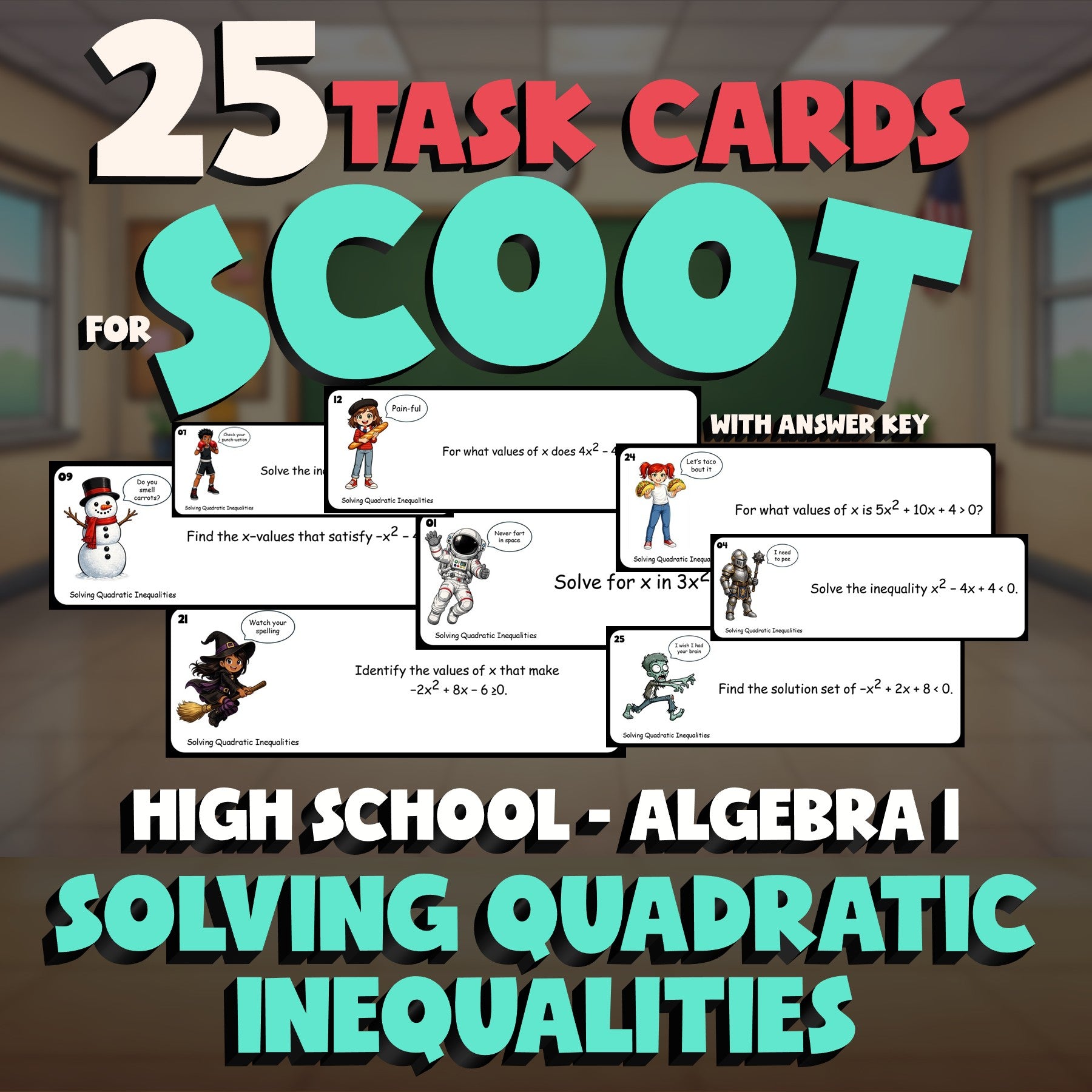 Solving Quadratic Inequalities SCOOT TASK CARDS Math Game - No Prep Algebra 1