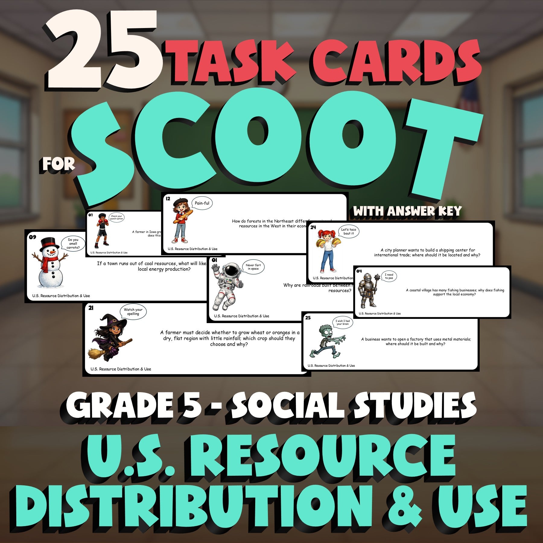 U.S. Resource Distribution & Use SCOOT TASK CARDS Socials Game - No Prep Grade 5
