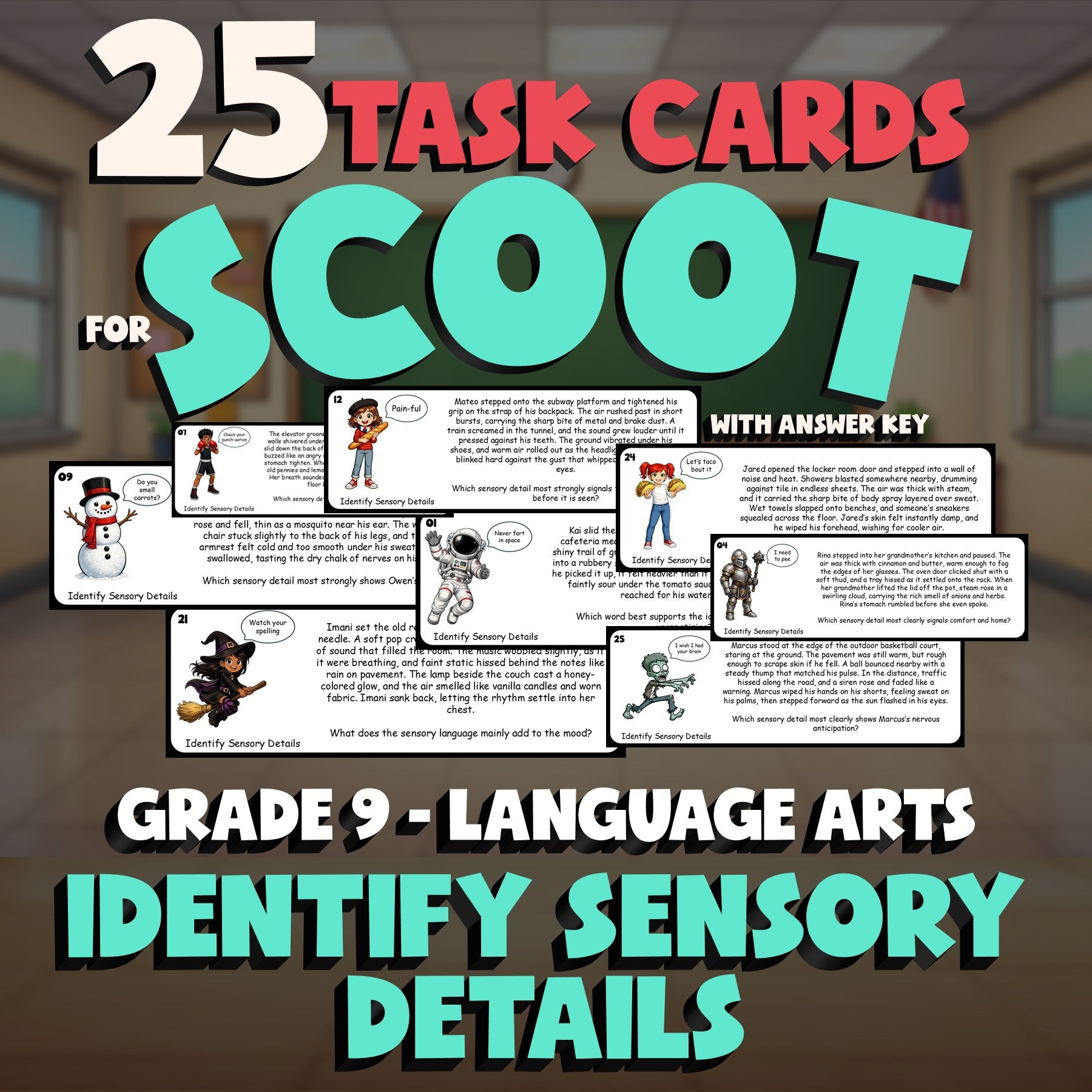 Identify Sensory Details SCOOT TASK CARDS ELA Game - No Prep Grade 9 Review