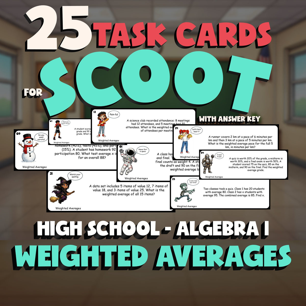 Weighted Averages SCOOT TASK CARDS Math Game - No Prep Algebra 1 Review Activity